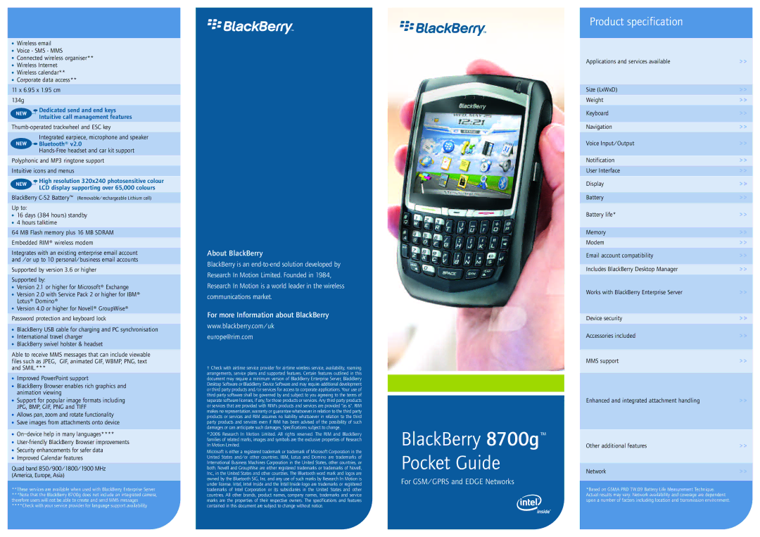 Intel 8700g warranty About BlackBerry, For more Information about BlackBerry, For GSM/GPRS and Edge Networks 