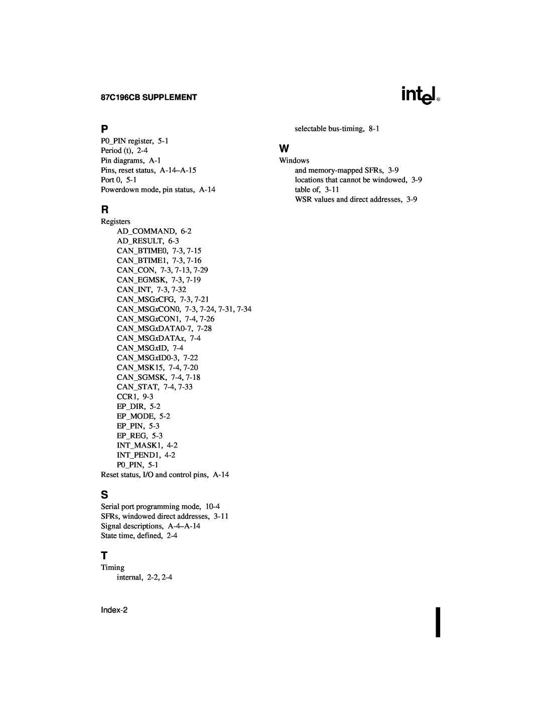 Intel 8XC196NT user manual 87C196CB SUPPLEMENT, Index-2 