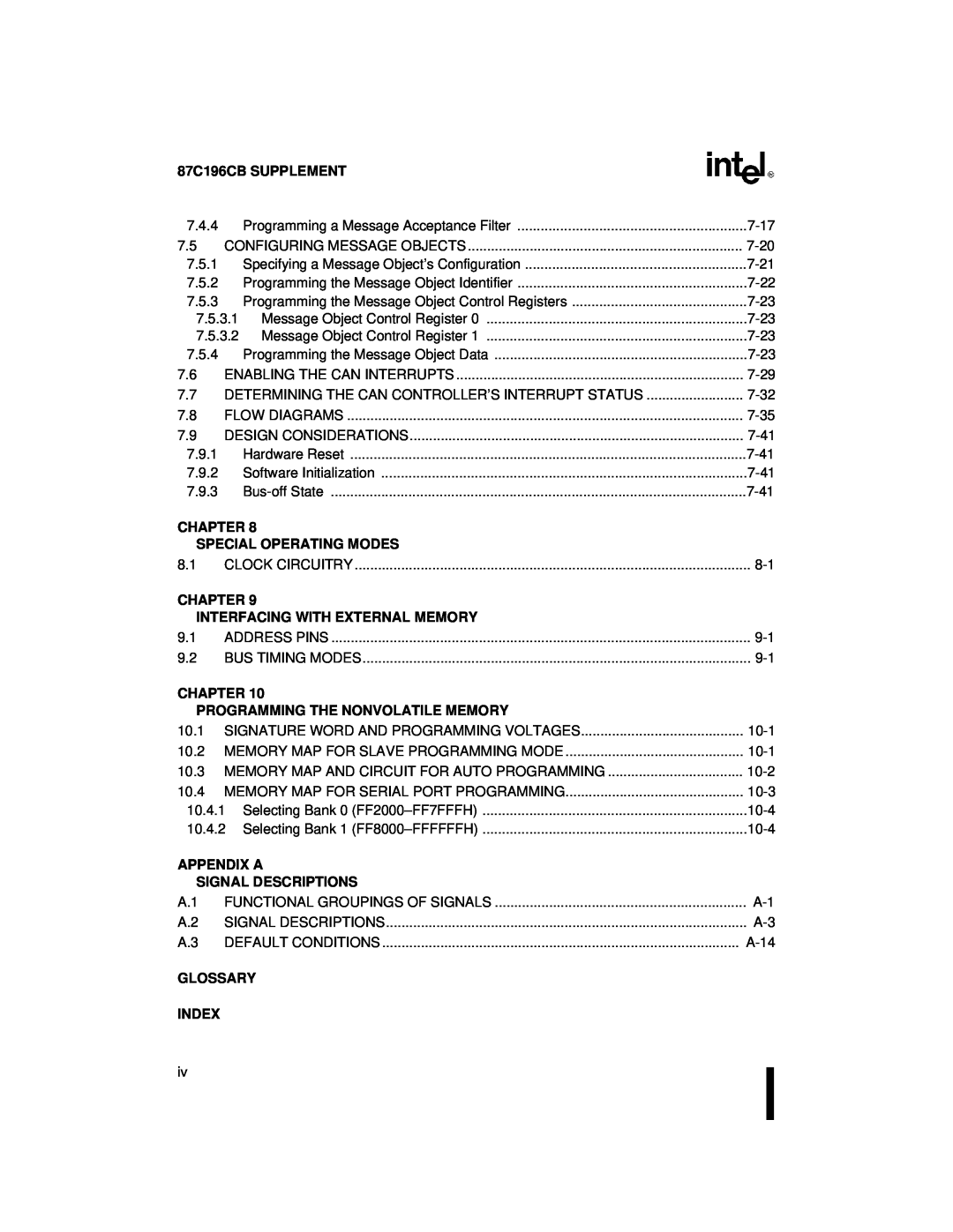 Intel 8XC196NT 87C196CB SUPPLEMENT, Chapter, Special Operating Modes, Interfacing With External Memory, Appendix A 