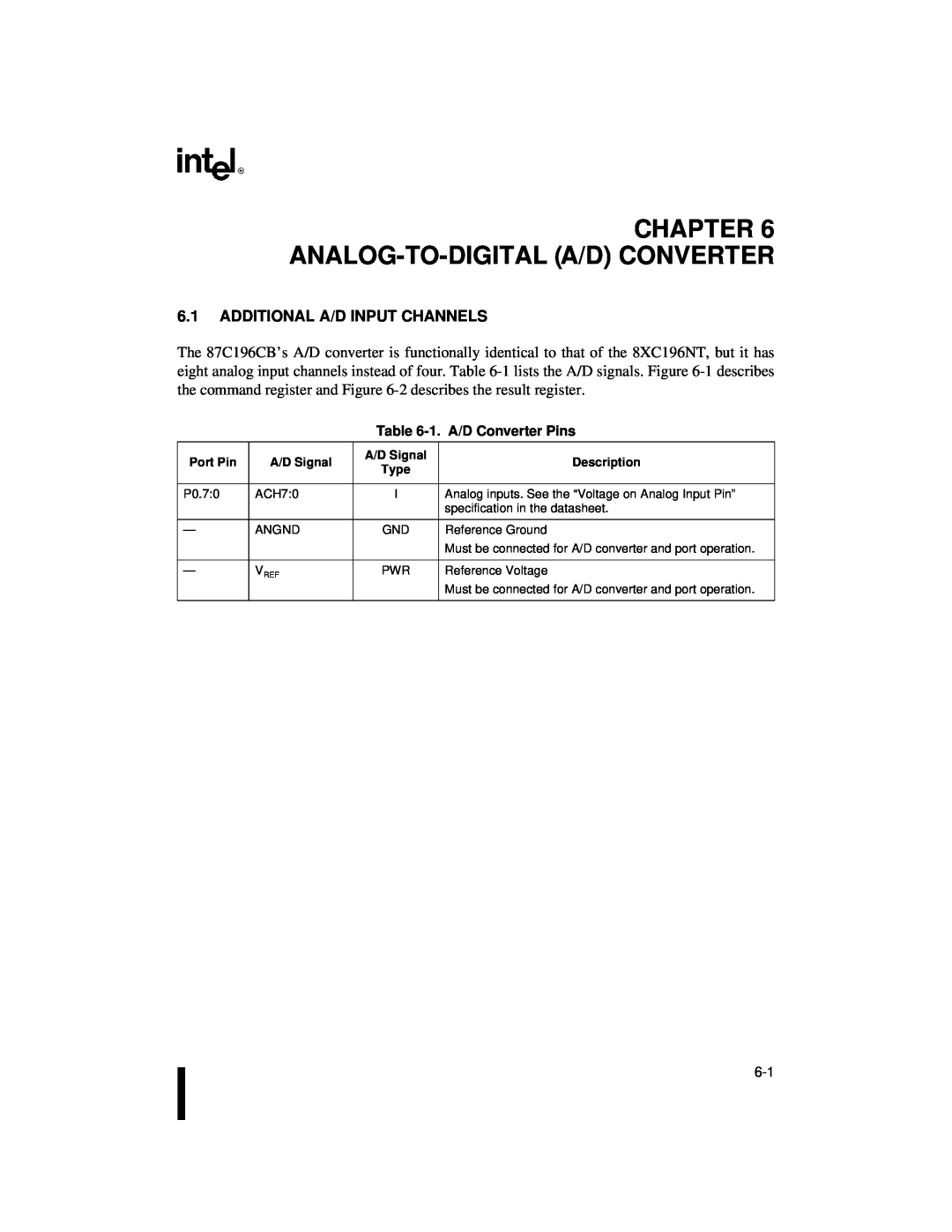 Intel 87C196CB, 8XC196NT user manual Analog-To-Digital A/D Converter, Additional A/D Input Channels 