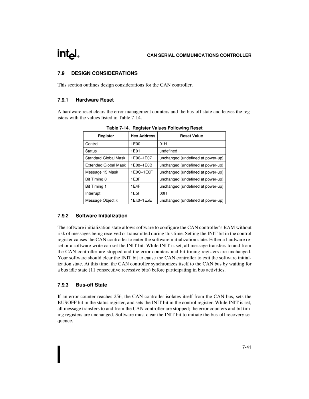 Intel 87C196CB, 8XC196NT user manual Design Considerations, Hardware Reset, Software Initialization, Bus-off State 