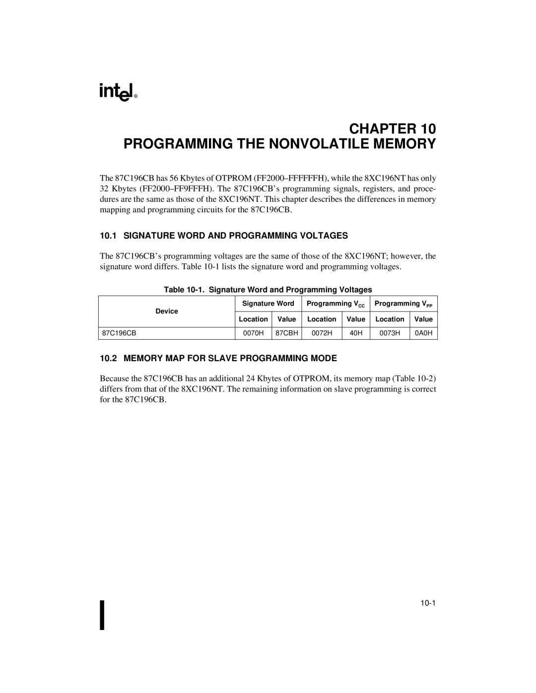 Intel 87C196CB, 8XC196NT user manual Programming the Nonvolatile Memory, Signature Word and Programming Voltages 