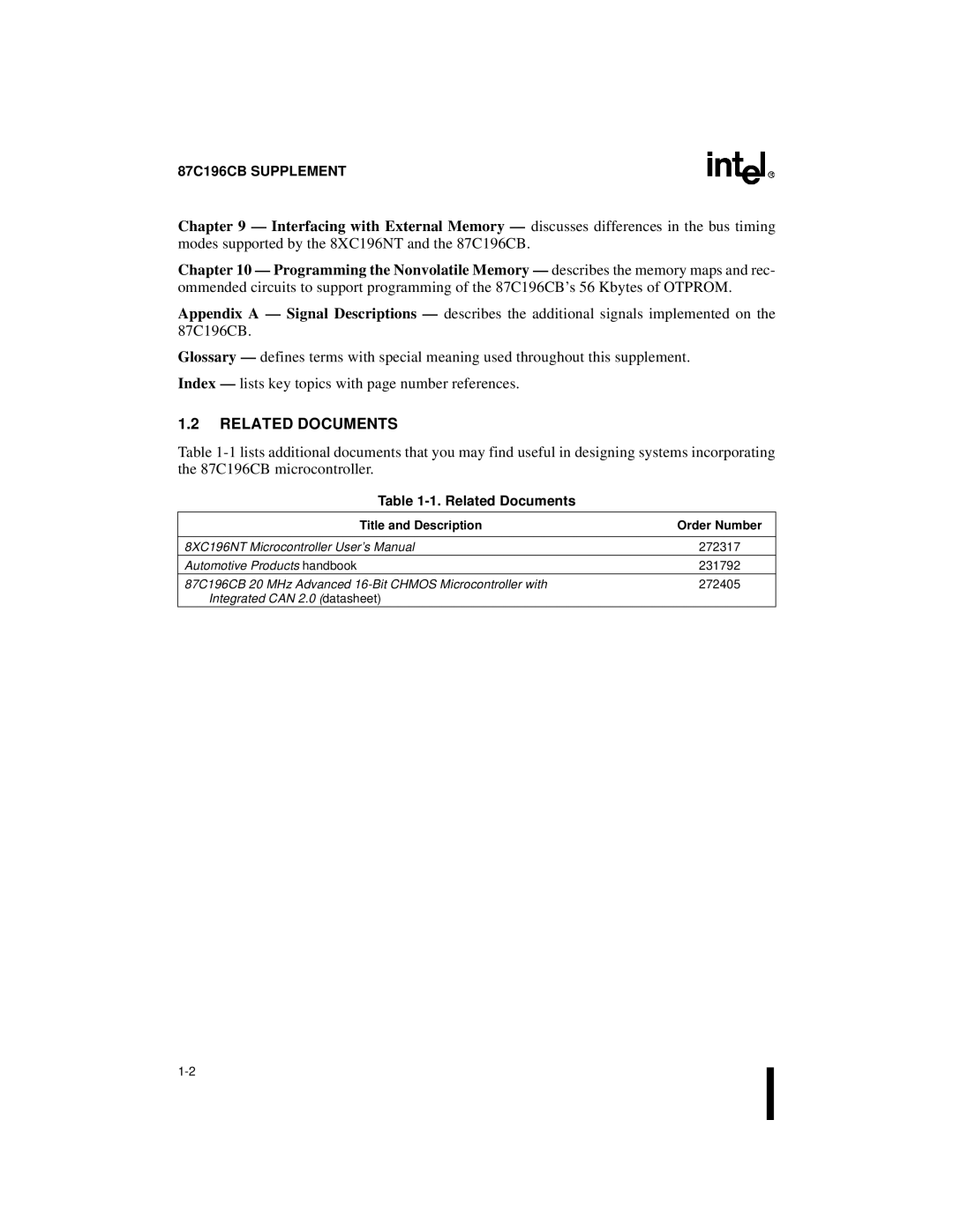 Intel 8XC196NT, 87C196CB user manual Interfacing with External Memory, Appendix a Signal Descriptions, Related Documents 