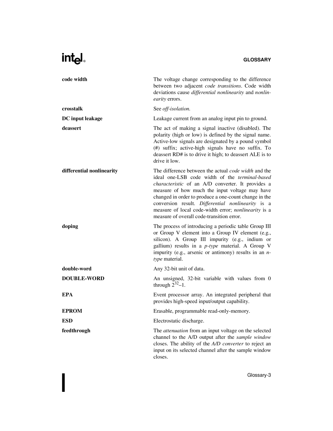 Intel 87C196CB, 8XC196NT Code width, Crosstalk, DC input leakage, Deassert, Differential nonlinearity, Doping, Double-word 