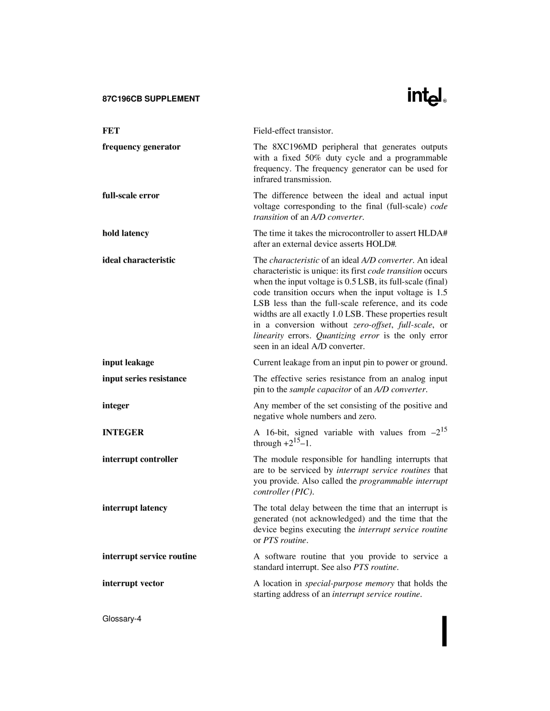 Intel 8XC196NT, 87C196CB Frequency generator, Full-scale error, Hold latency, Ideal characteristic, Input leakage, Integer 