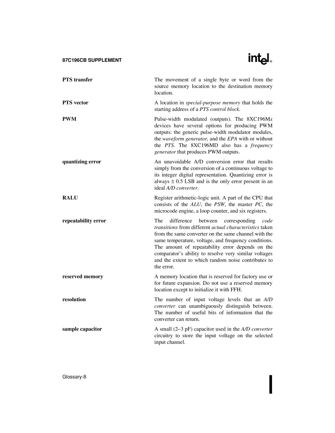 Intel 8XC196NT, 87C196CB PTS transfer, PTS vector, Quantizing error, Repeatability error, Reserved memory, Resolution 