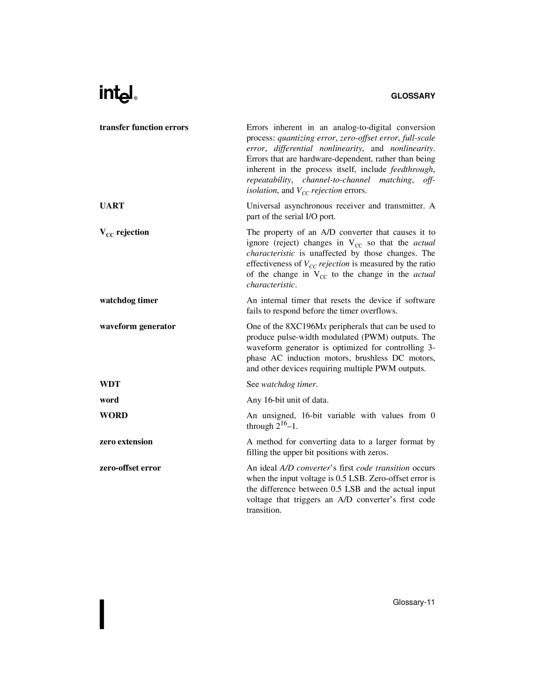 Intel 87C196CB, 8XC196NT Transfer function errors, VCC rejection, Watchdog timer, Waveform generator, Word, Zero extension 