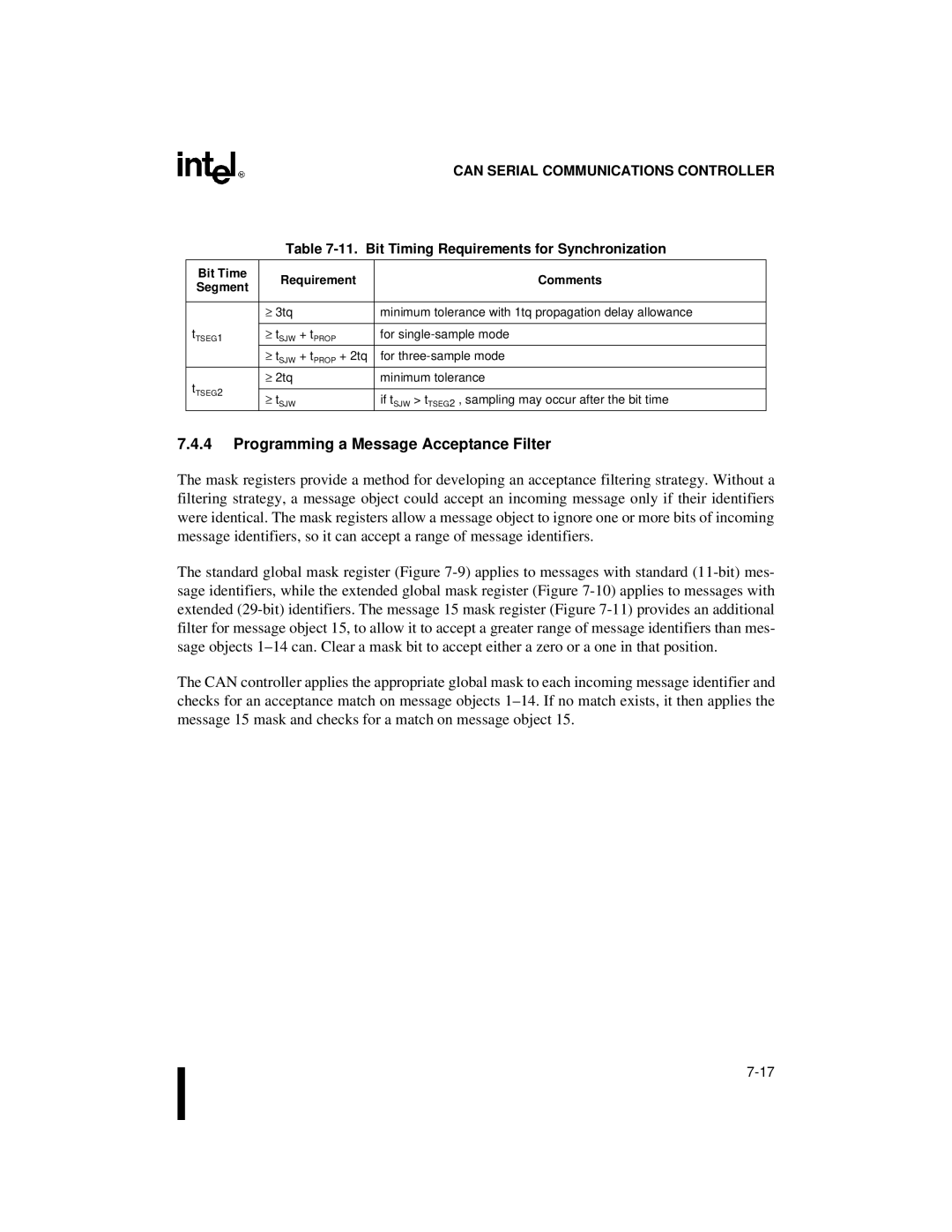 Intel 87C196CB, 8XC196NT user manual Programming a Message Acceptance Filter, Bit Timing Requirements for Synchronization 