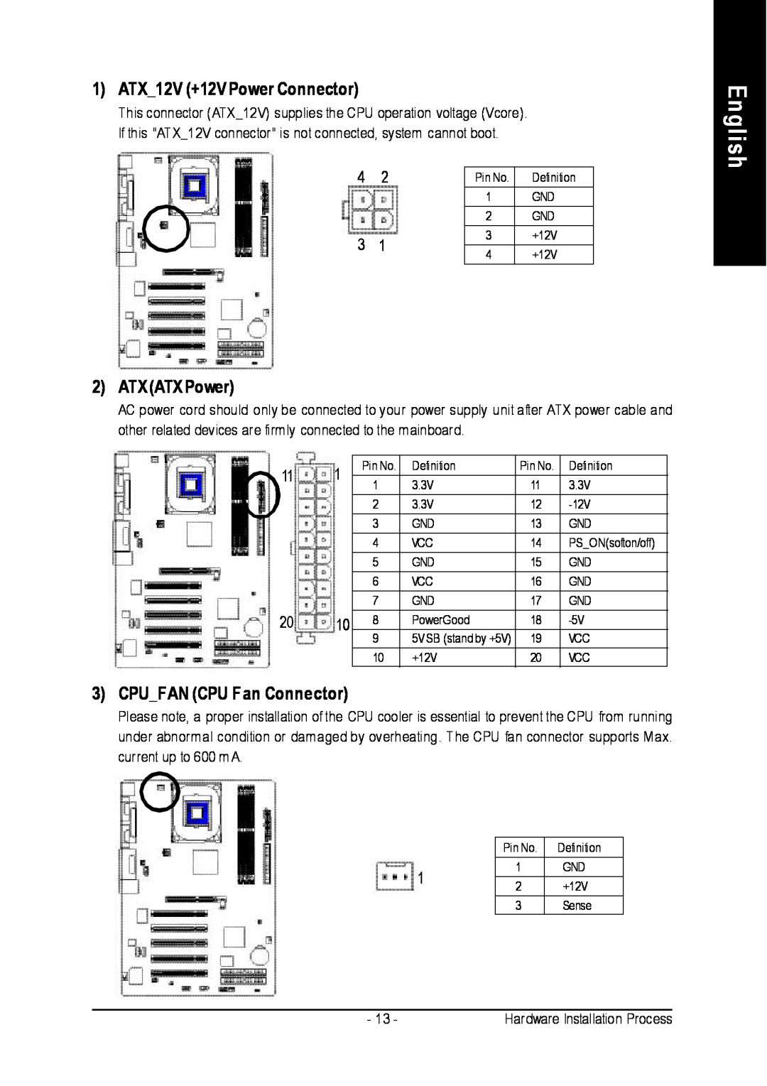 Intel 8I845PE-RZ-C user manual English, 1 ATX12V +12V Power Connector, ATXATX Power, CPUFAN CPU Fan Connector 