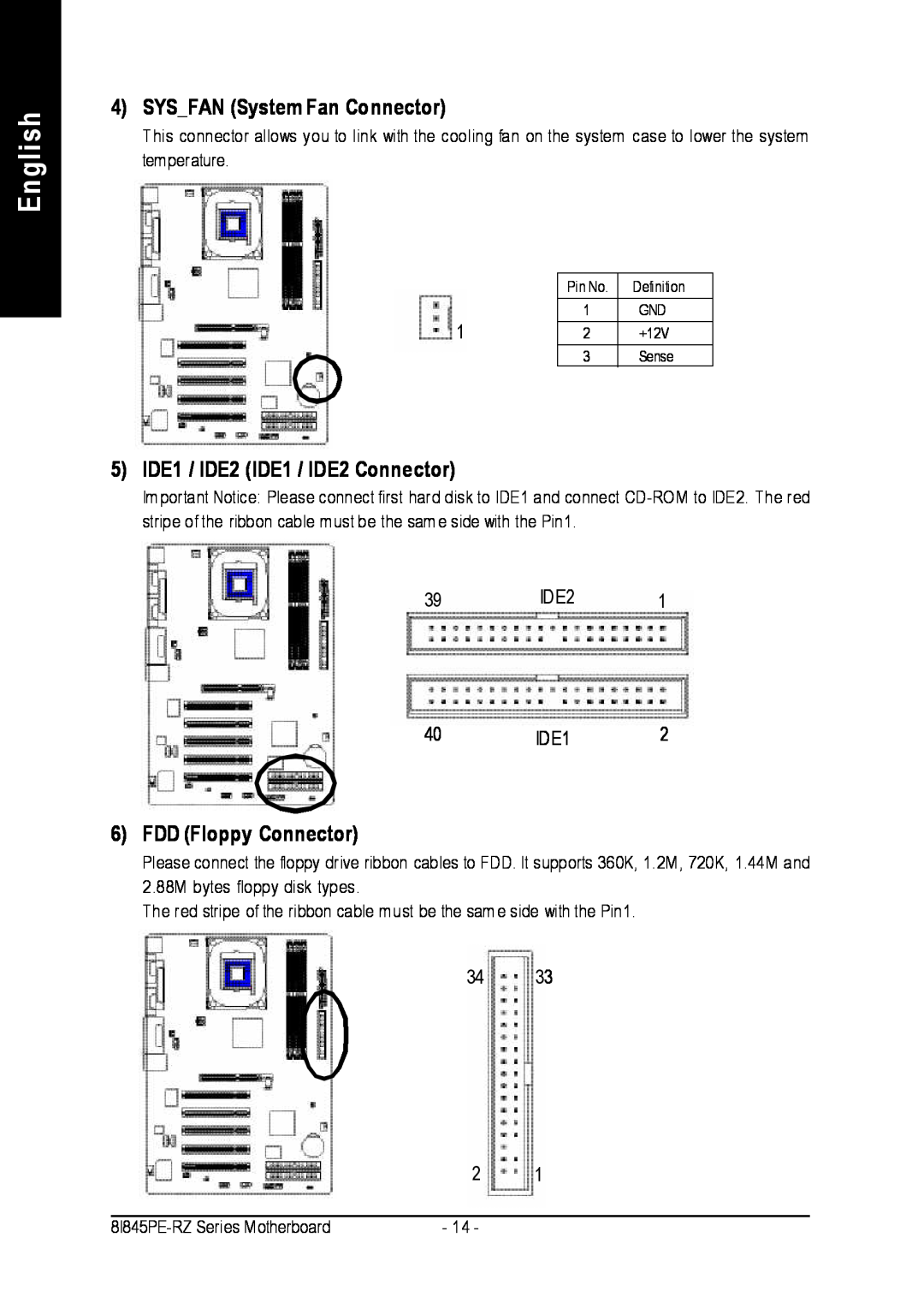 Intel 8I845PE-RZ English, SYSFAN System Fan Connector, 5 IDE1 / IDE2 IDE1 / IDE2 Connector, FDD Floppy Connector, 40IDE12 