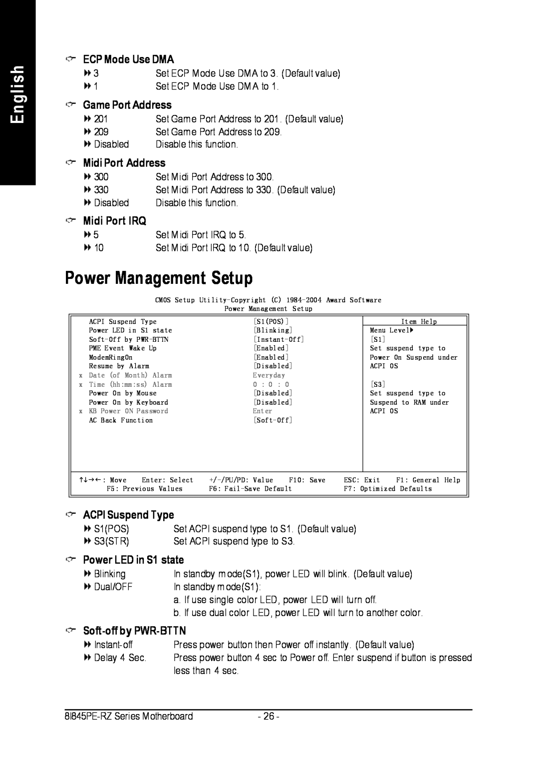 Intel 8I845PE-RZ Power Management Setup, English, ECP Mode Use DMA, Game Port Address, Midi Port Address, Midi Port IRQ 
