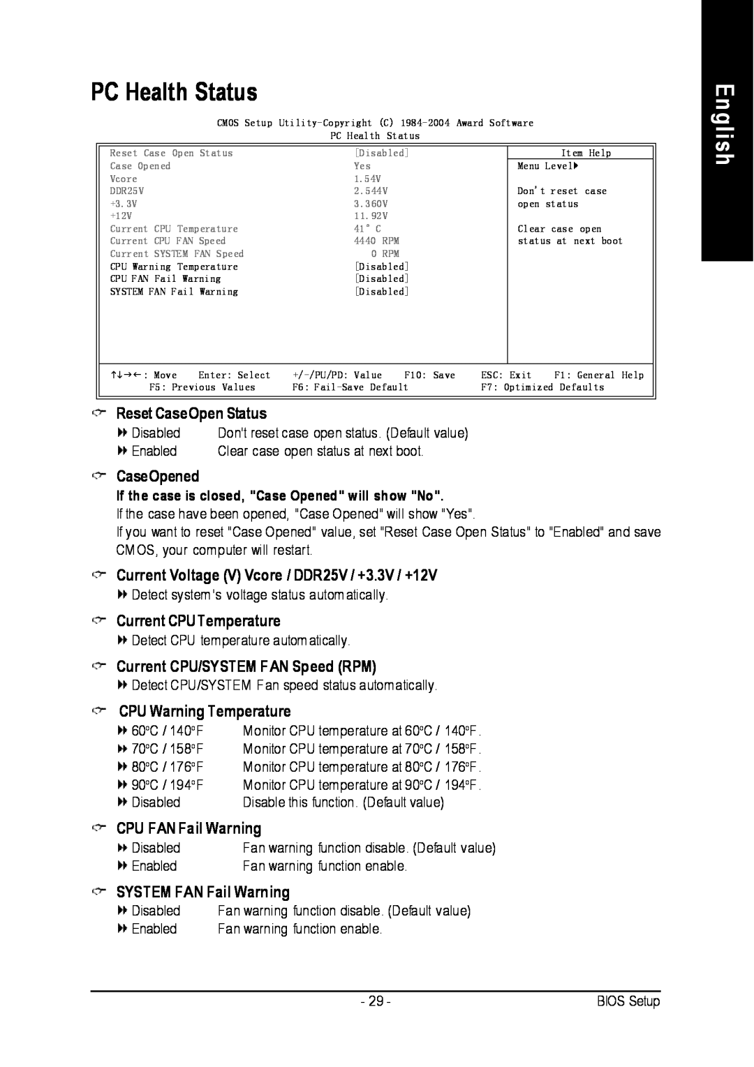 Intel 8I845PE-RZ-C user manual PC Health Status, English, CaseOpened, Current Voltage V Vcore / DDR25V / +3.3V / +12V 