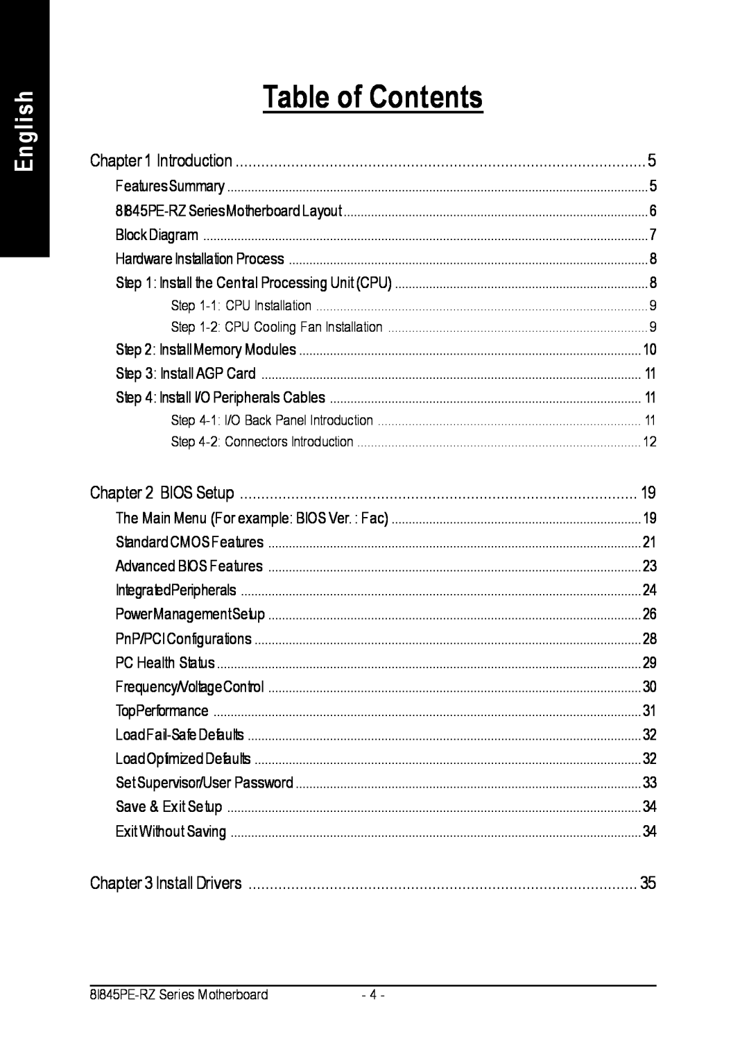 Intel 8I845PE-RZ-C user manual English, Table of Contents 