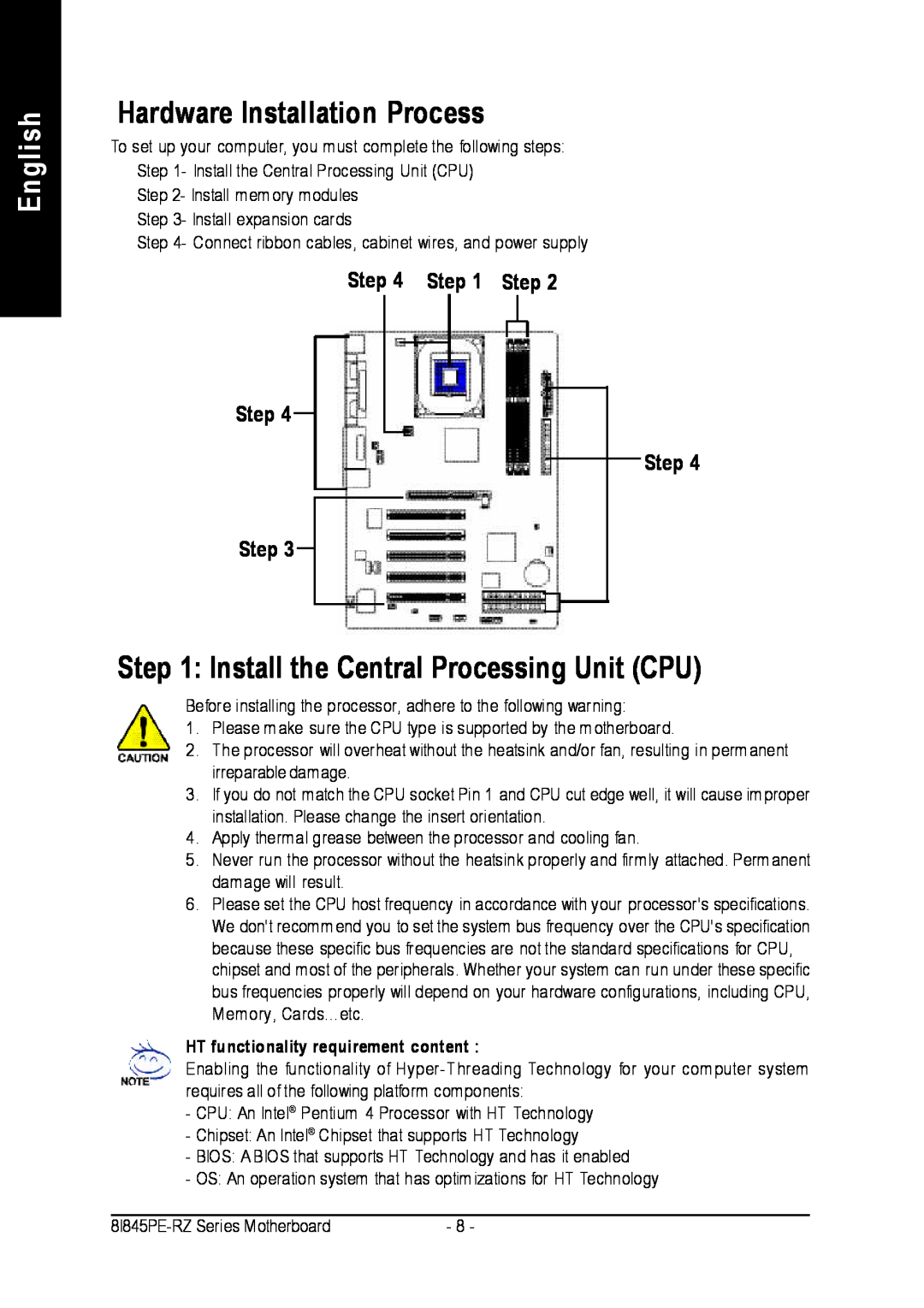 Intel 8I845PE-RZ Hardware Installation Process, Install the Central Processing Unit CPU, English, Step Step Step Step 