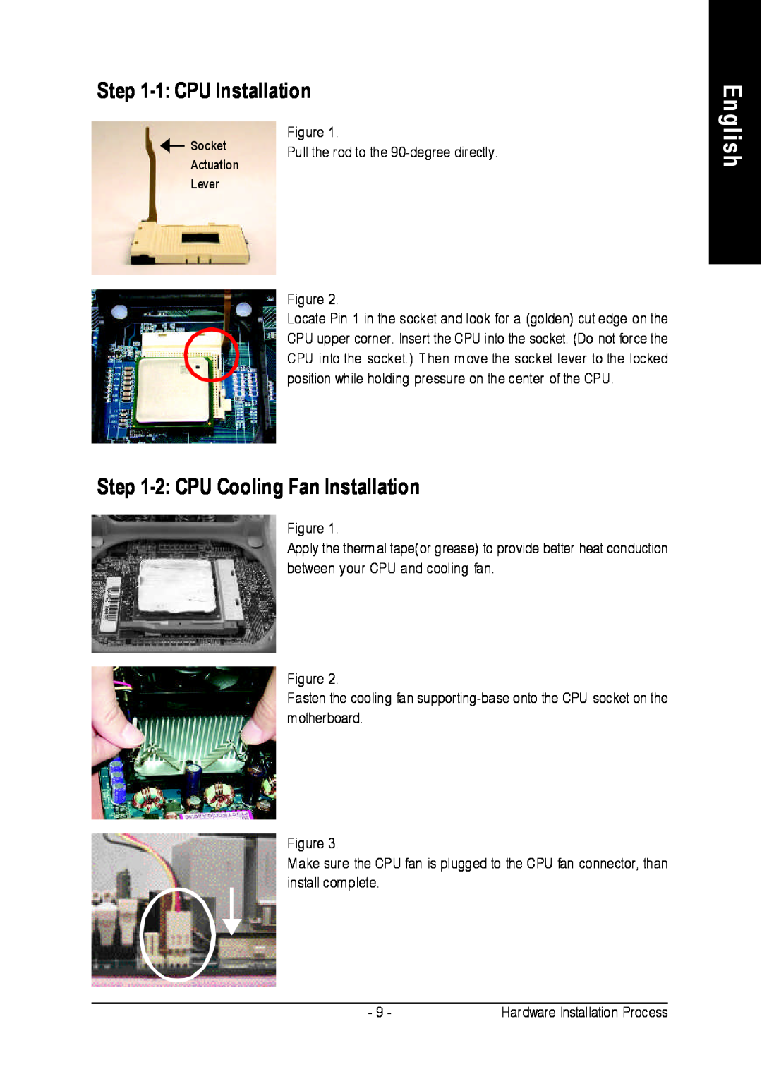 Intel 8I845PE-RZ-C user manual 1 CPU Installation, 2 CPU Cooling Fan Installation, English, Socket, Actuation, Lever 