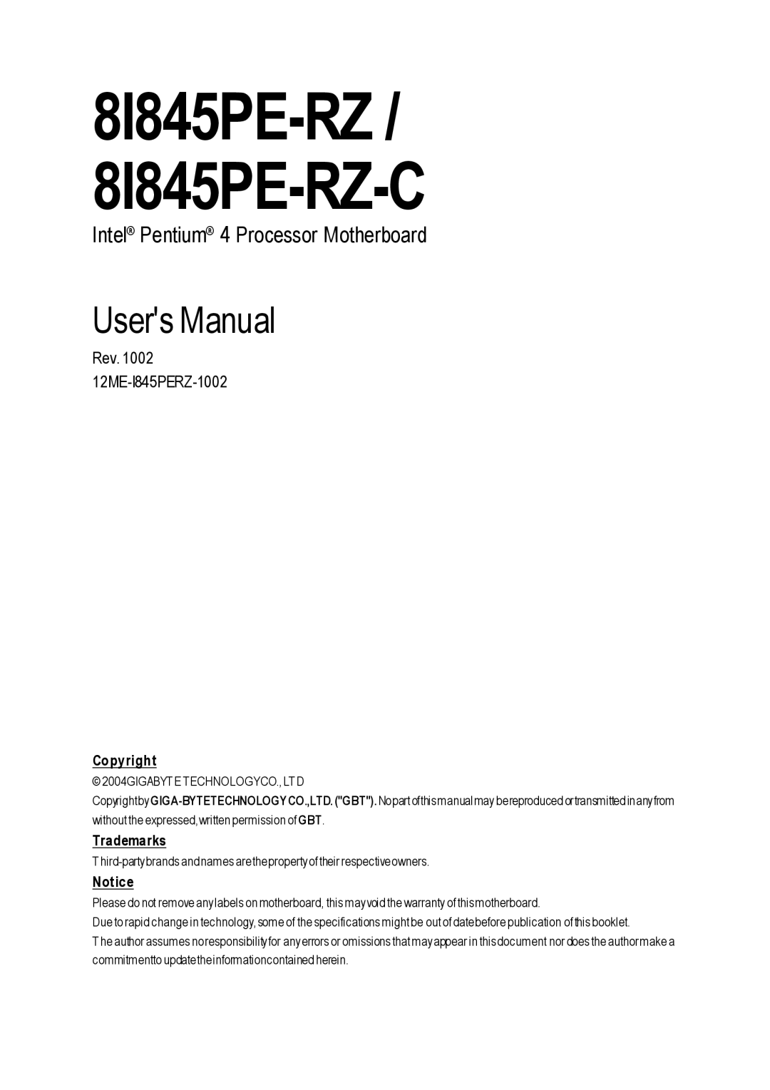 Intel user manual 8I845PE-RZ / 8I845PE-RZ-C 