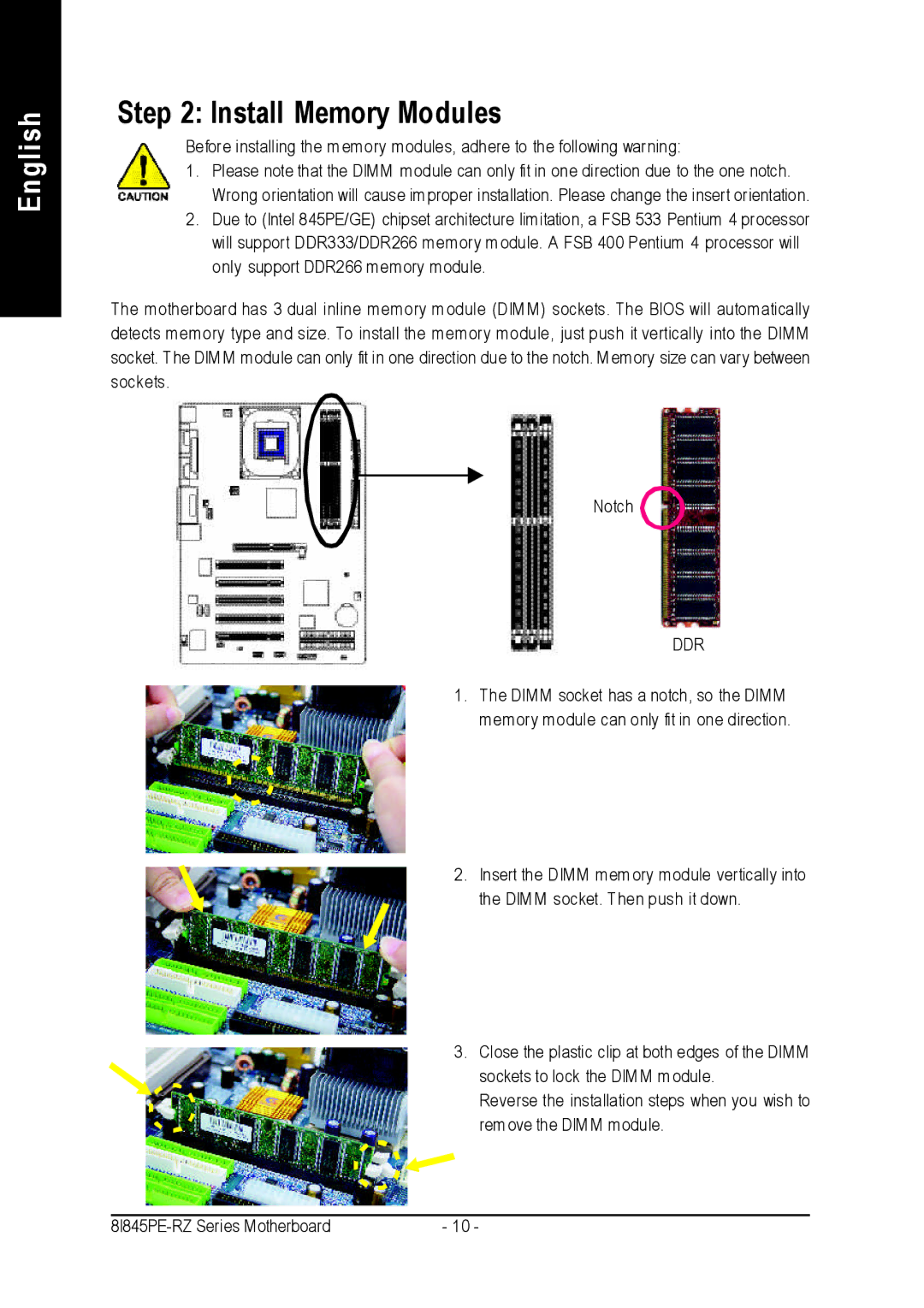 Intel 8I845PE-RZ-C user manual Install Memory Modules, Ddr 