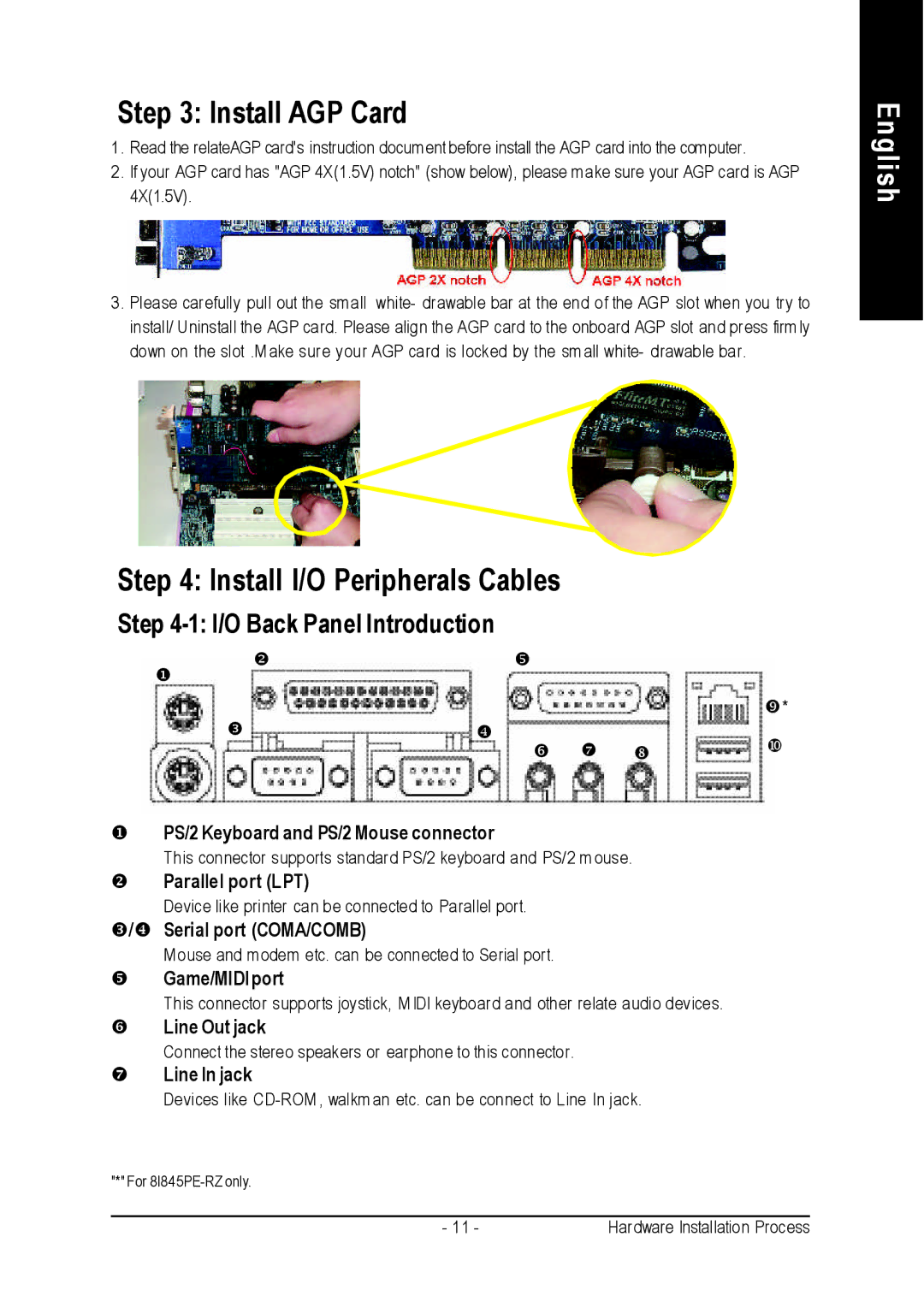 Intel 8I845PE-RZ-C user manual Install AGP Card, Install I/O Peripherals Cables 