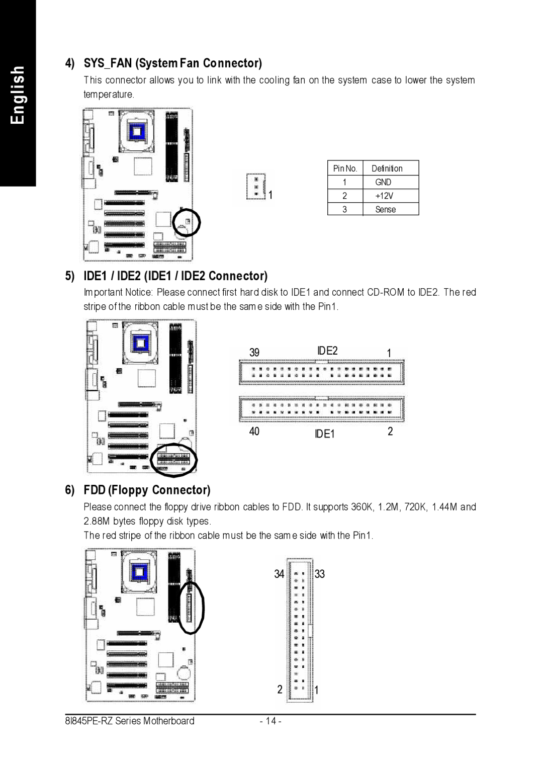 Intel 8I845PE-RZ-C user manual Sysfan System Fan Connector, IDE1 / IDE2 IDE1 / IDE2 Connector, FDD Floppy Connector 