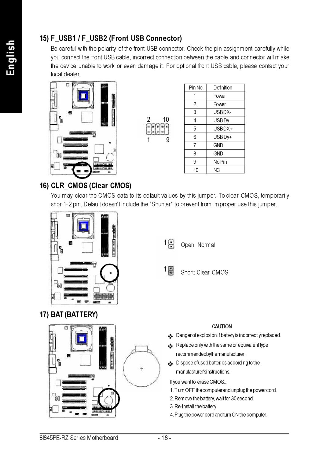 Intel 8I845PE-RZ-C user manual FUSB1 / FUSB2 Front USB Connector, Clrcmos Clear Cmos 