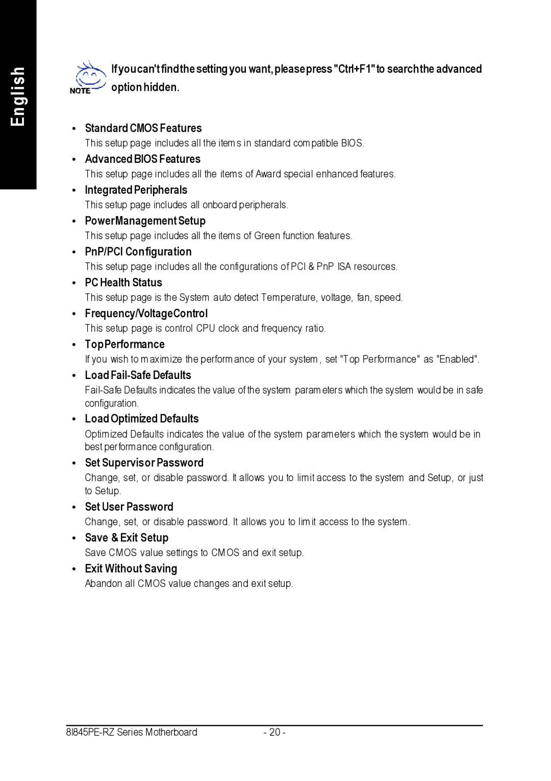 Intel 8I845PE-RZ user manual Advanced Bios Features, Integrated Peripherals, PowerManagement Setup, PnP/PCI Configuration 