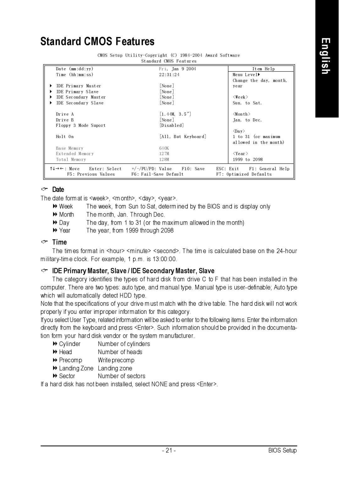 Intel 8I845PE-RZ-C user manual Standard Cmos Features, Date, Time, IDE Primary Master, Slave / IDE Secondary Master, Slave 