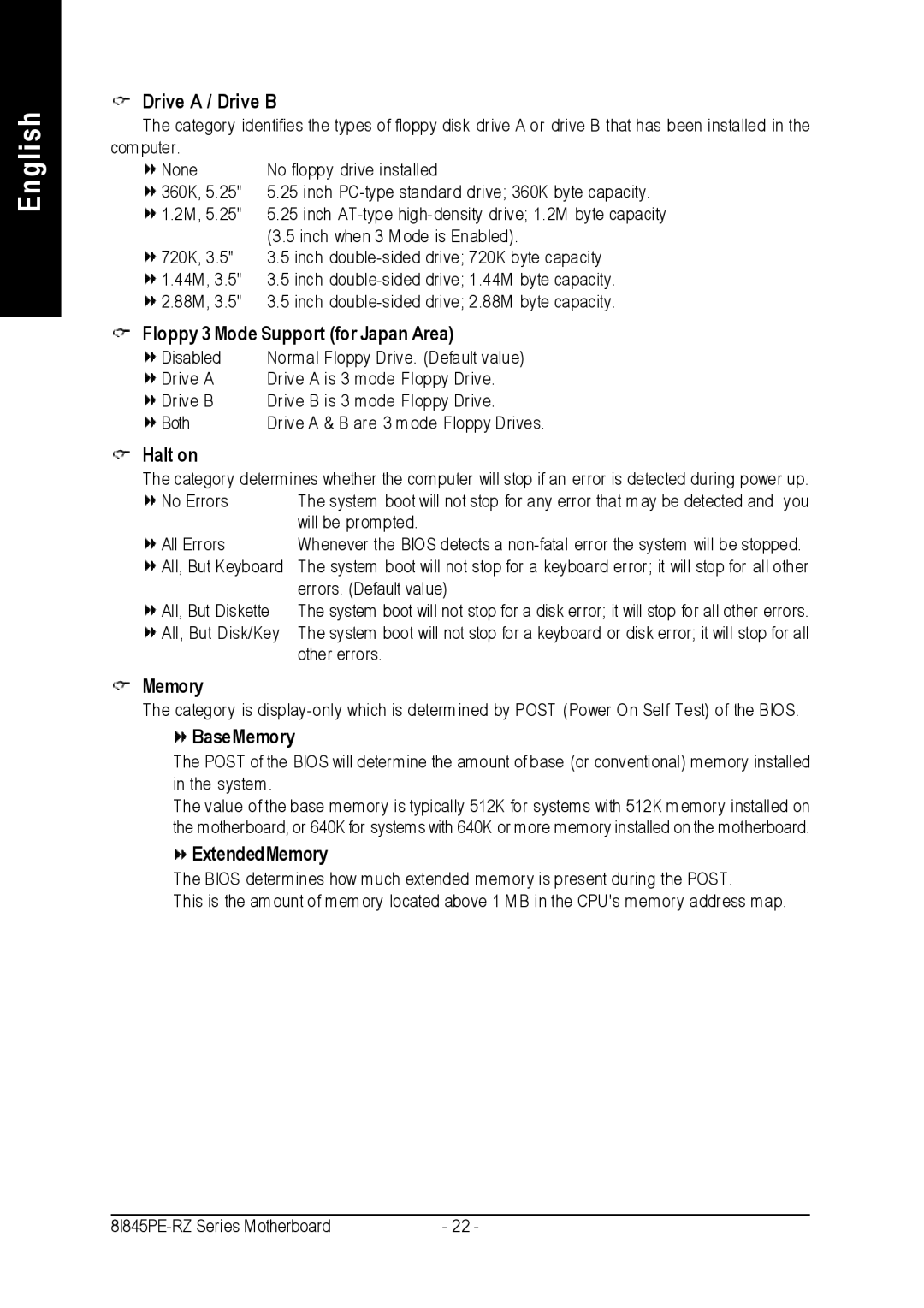 Intel 8I845PE-RZ Drive a / Drive B, Floppy 3 Mode Support for Japan Area, Halt on, BaseMemory, ExtendedMemory 