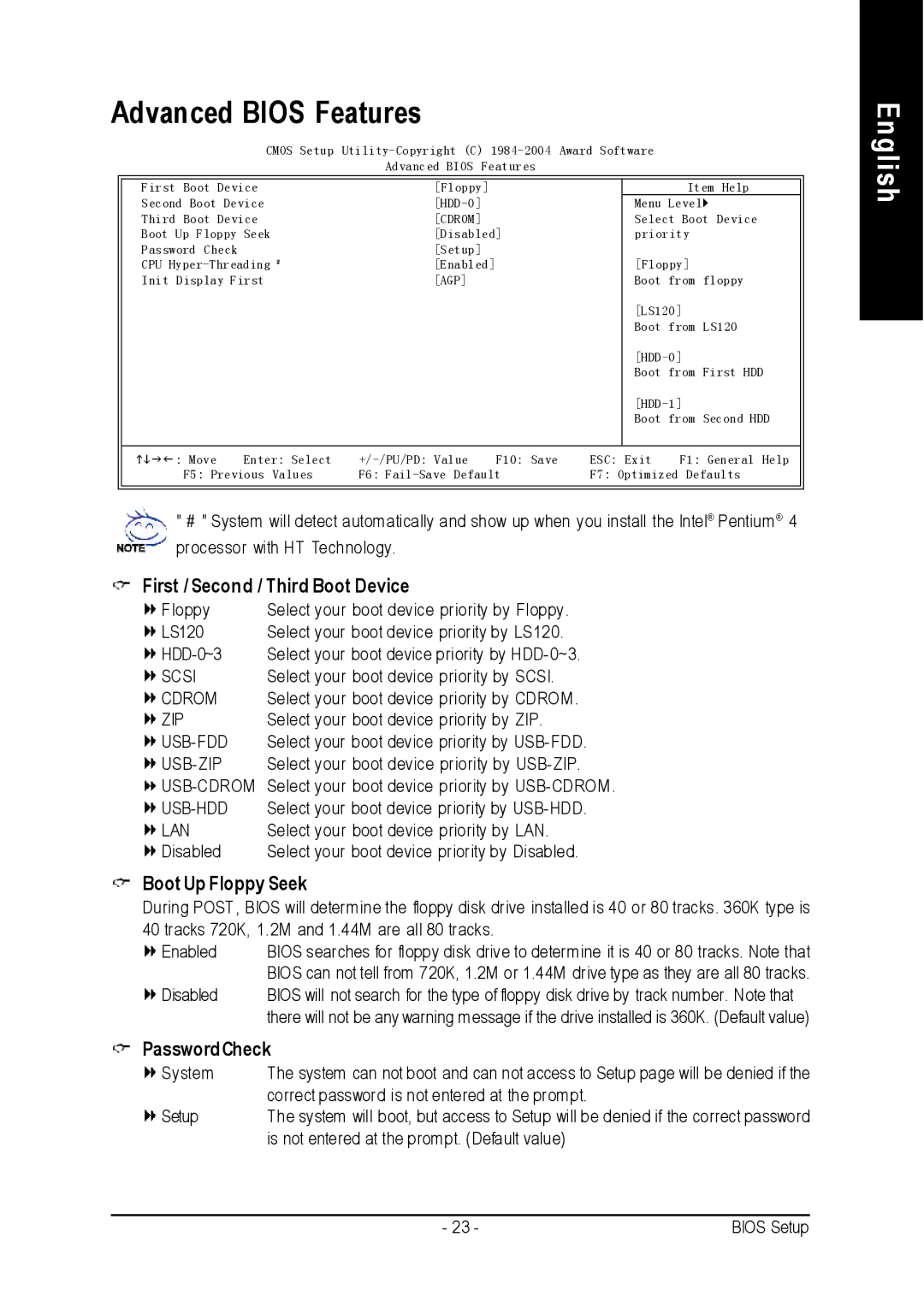 Intel 8I845PE-RZ-C Advanced Bios Features, First / Second / Third Boot Device, Boot Up Floppy Seek, PasswordCheck 