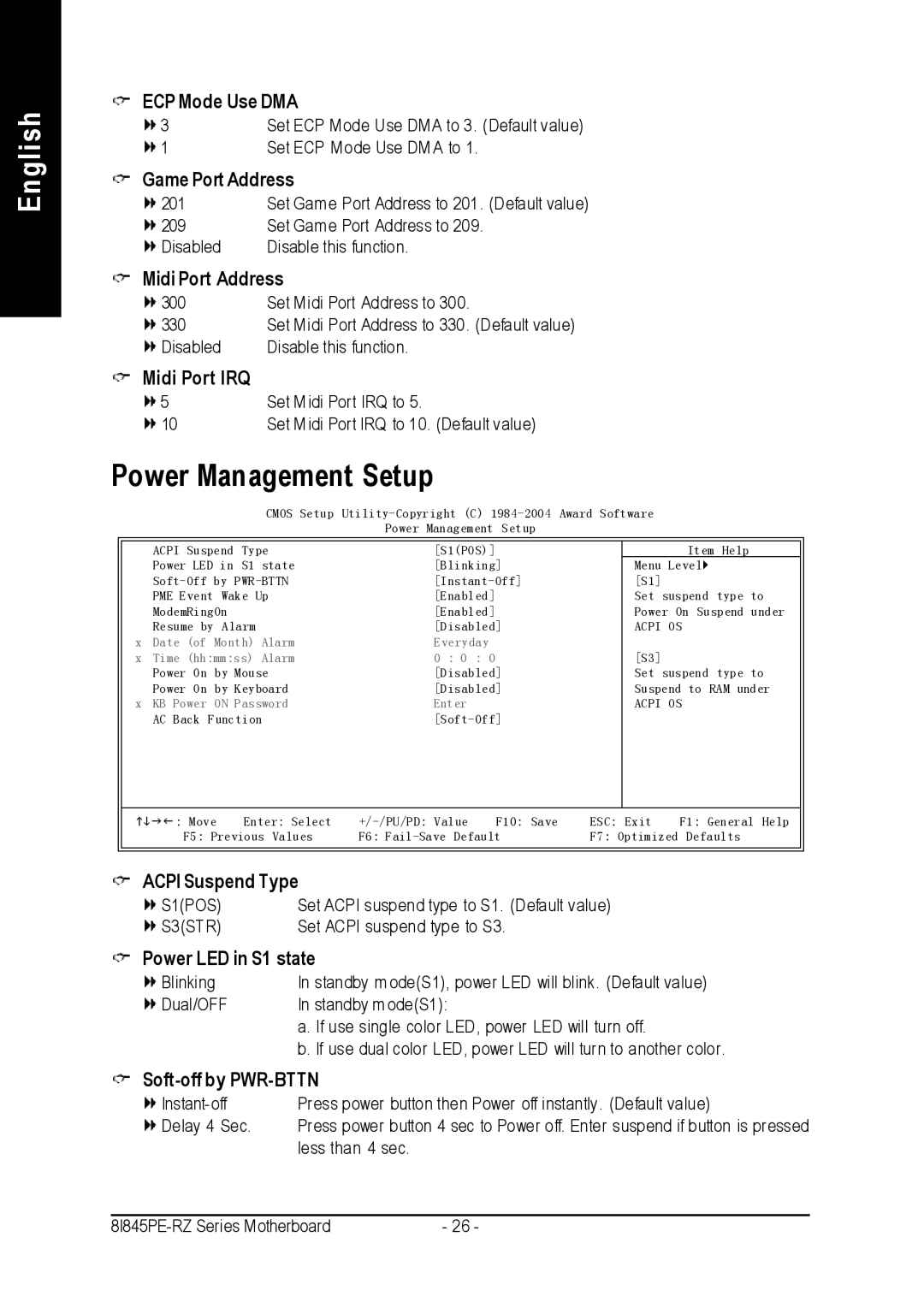 Intel 8I845PE-RZ-C user manual Power Management Setup 