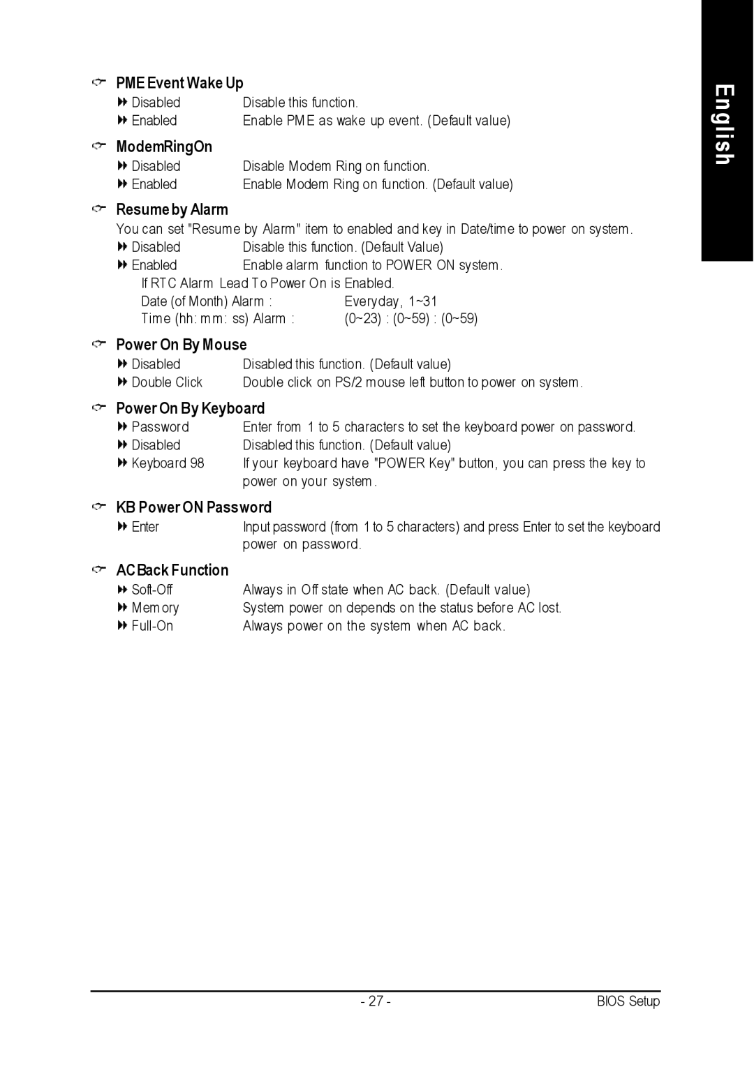 Intel 8I845PE-RZ-C user manual PME Event Wake Up, ModemRingOn, Resume by Alarm, Power On By Mouse, Power On By Keyboard 