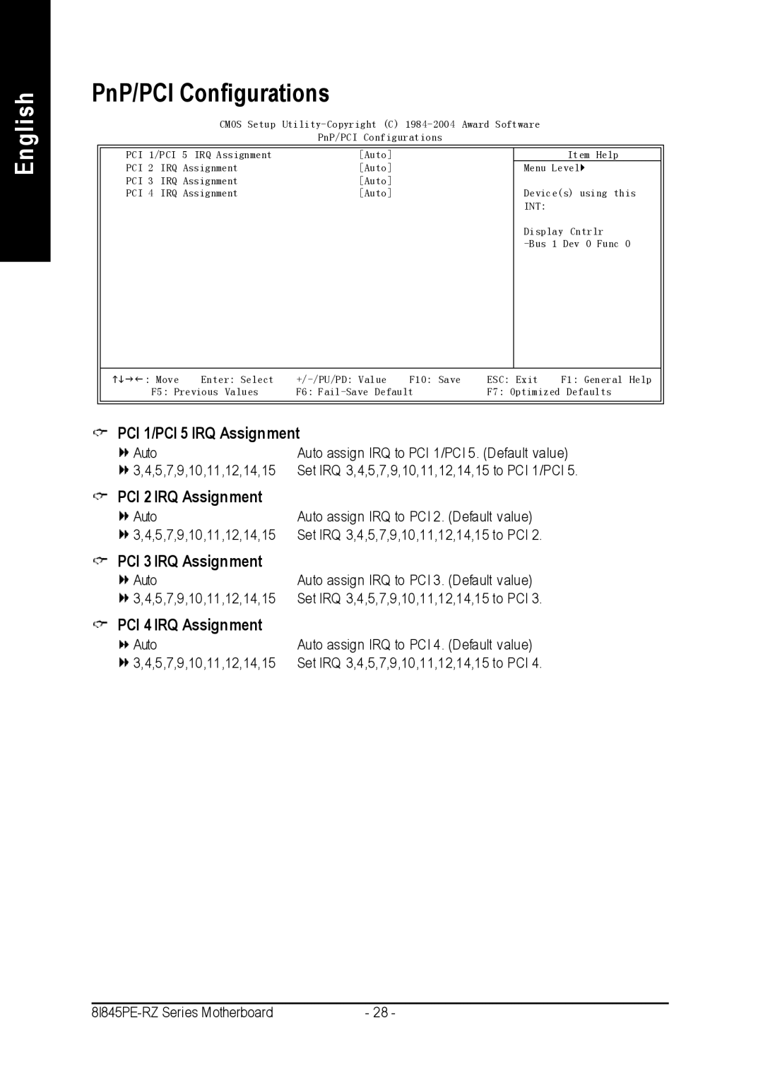 Intel 8I845PE-RZ user manual PnP/PCI Configurations, PCI 1/PCI 5 IRQ Assignment, PCI 2 IRQ Assignment, PCI 3 IRQ Assignment 