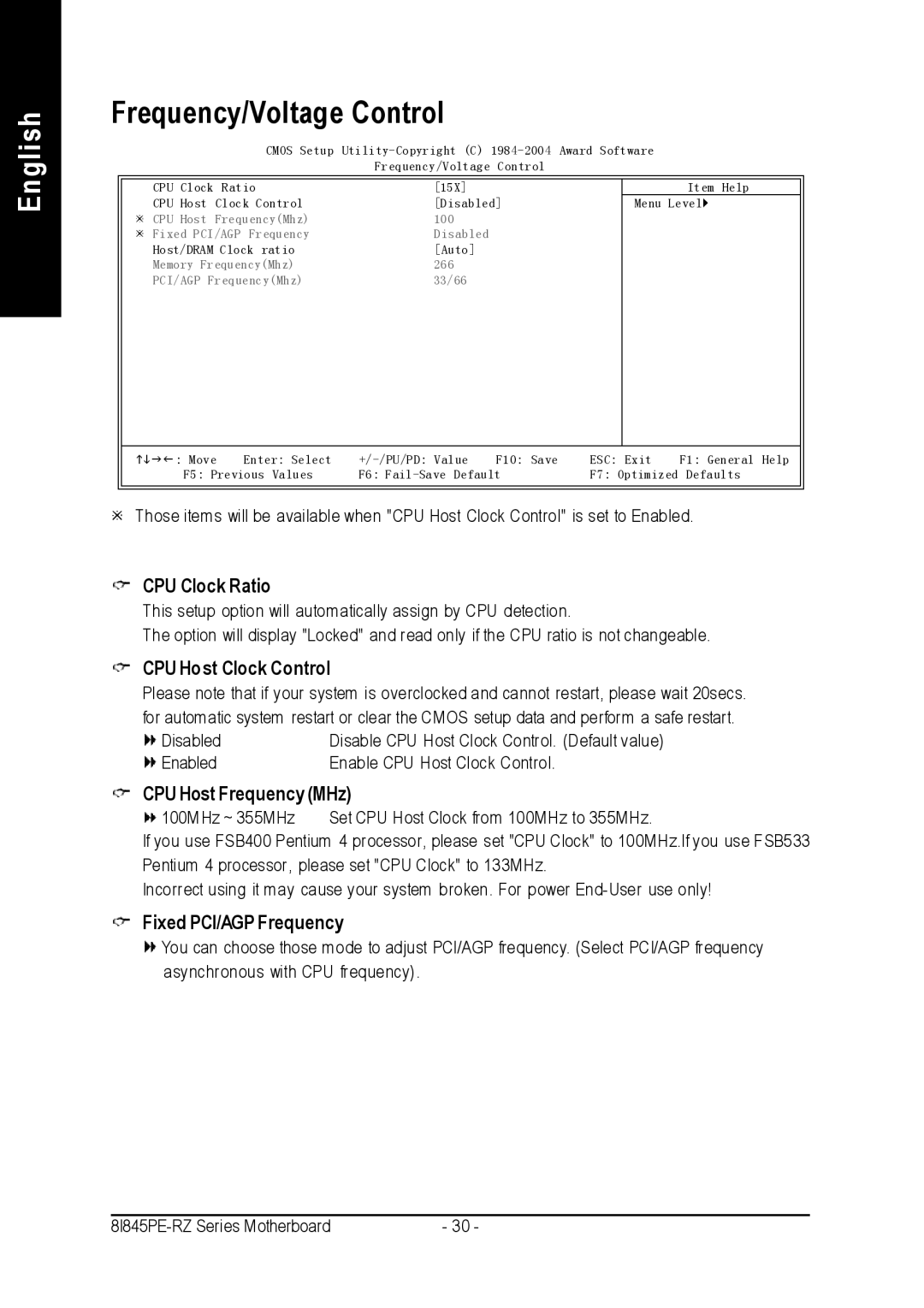 Intel 8I845PE-RZ-C Frequency/Voltage Control, CPU Clock Ratio, CPU Host Clock Control, CPU Host Frequency MHz 