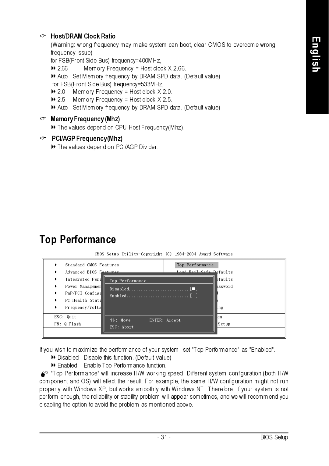 Intel 8I845PE-RZ-C user manual Top Performance, Host/DRAM Clock Ratio, Memory Frequency Mhz, PCI/AGP FrequencyMhz 