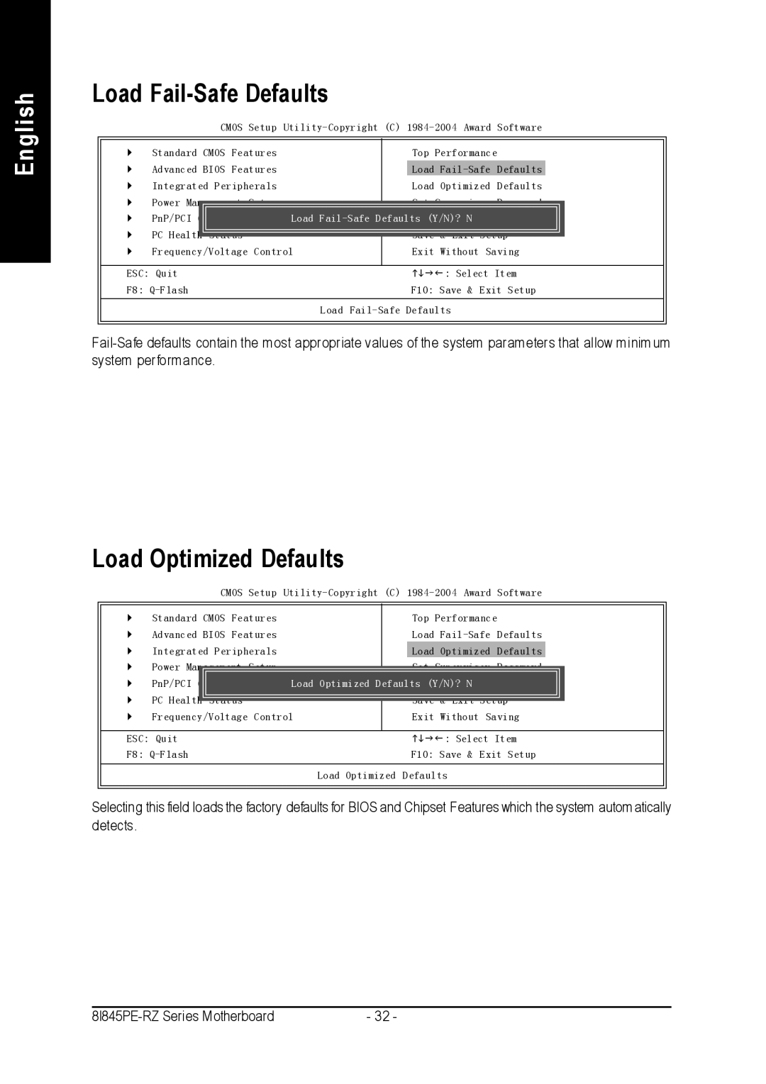 Intel 8I845PE-RZ-C user manual Load Fail-Safe Defaults, Load Optimized Defaults 