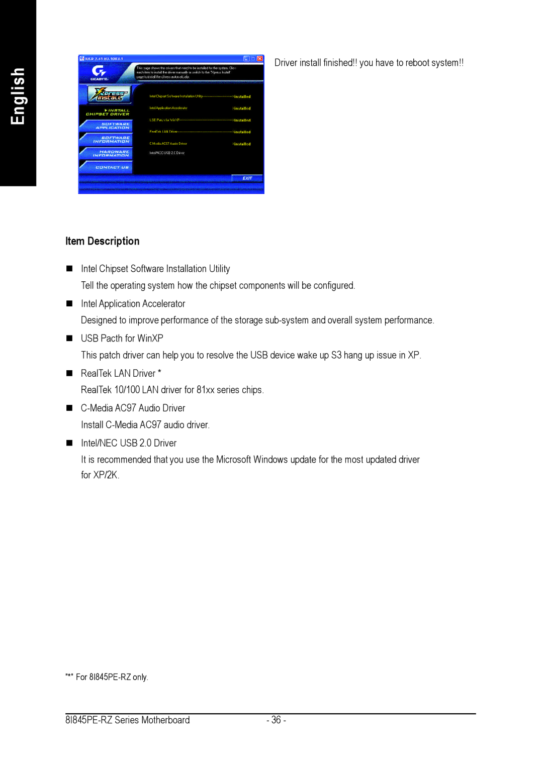 Intel 8I845PE-RZ-C user manual Item Description 