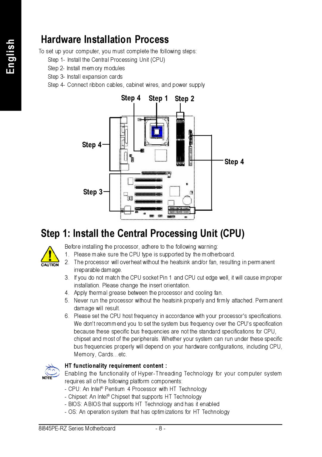 Intel 8I845PE-RZ-C user manual Hardware Installation Process, Install the Central Processing Unit CPU, Step 