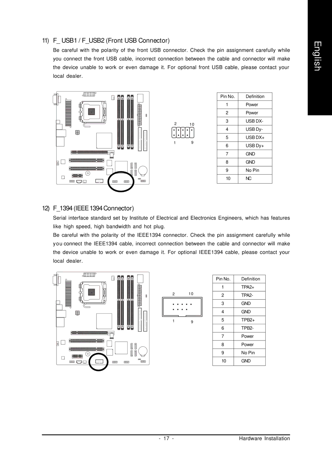 Intel 8I945PE-FS user manual USB1 / FUSB2 Front USB Connector, 12 F1394 Ieee 1394 Connector 