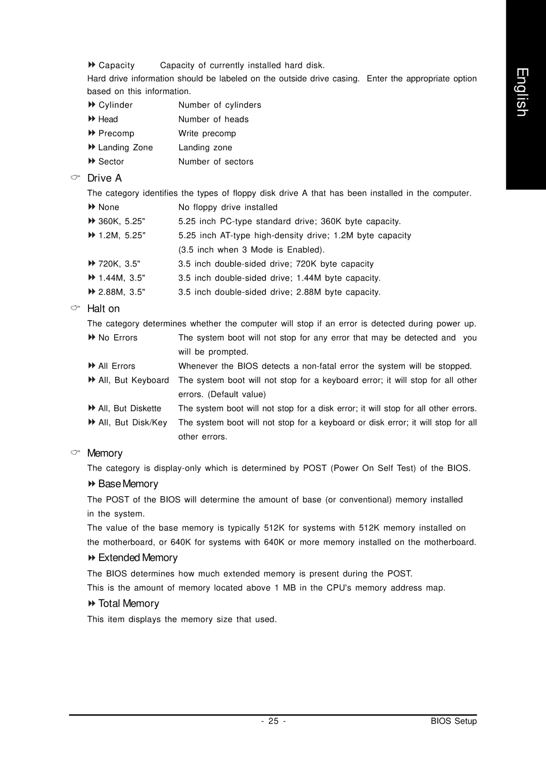 Intel 8I945PE-FS user manual Drive a, Halt on, Base Memory, Extended Memory, Total Memory 