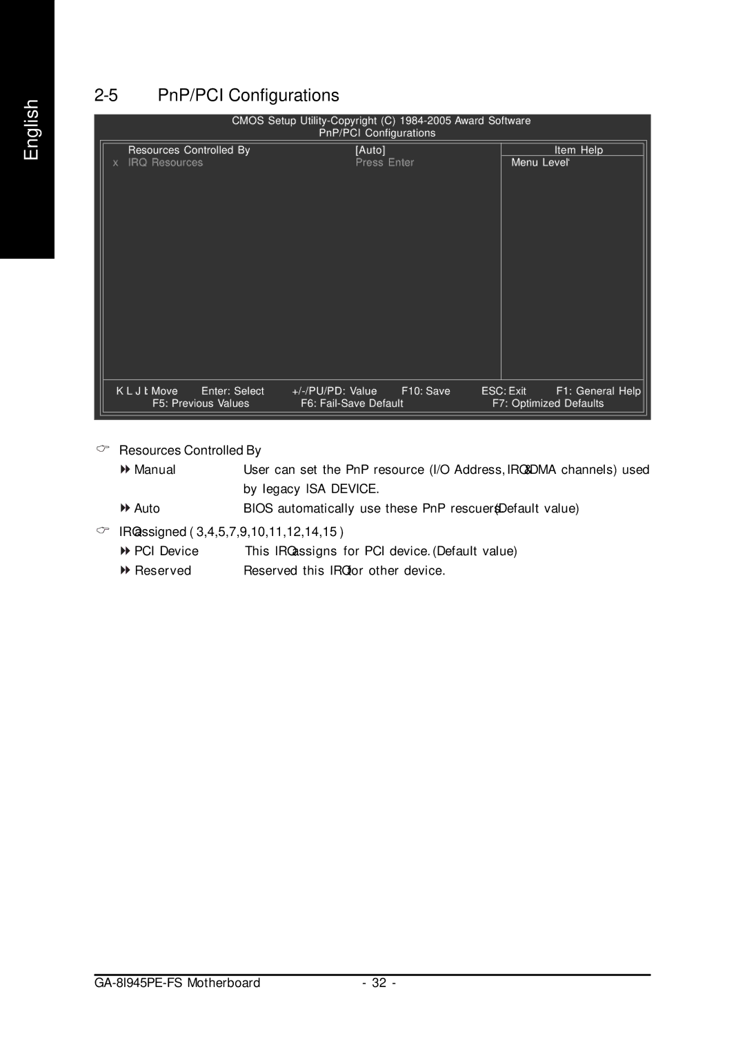 Intel 8I945PE-FS user manual PnP/PCI Configurations, Resources Controlled By, IRQ assigned 3,4,5,7,9,10,11,12,14,15 