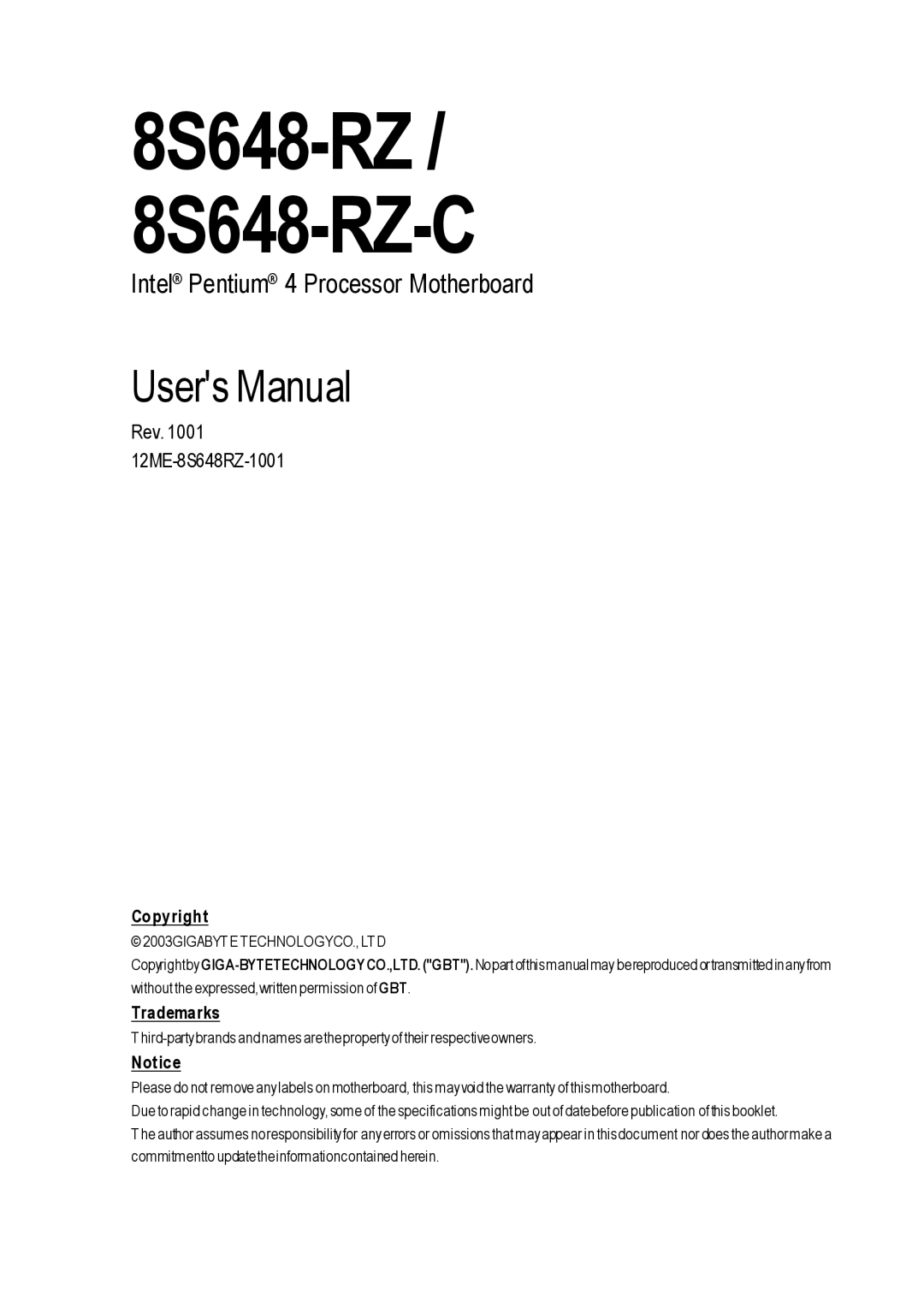 Intel user manual 8S648-RZ 8S648-RZ-C 