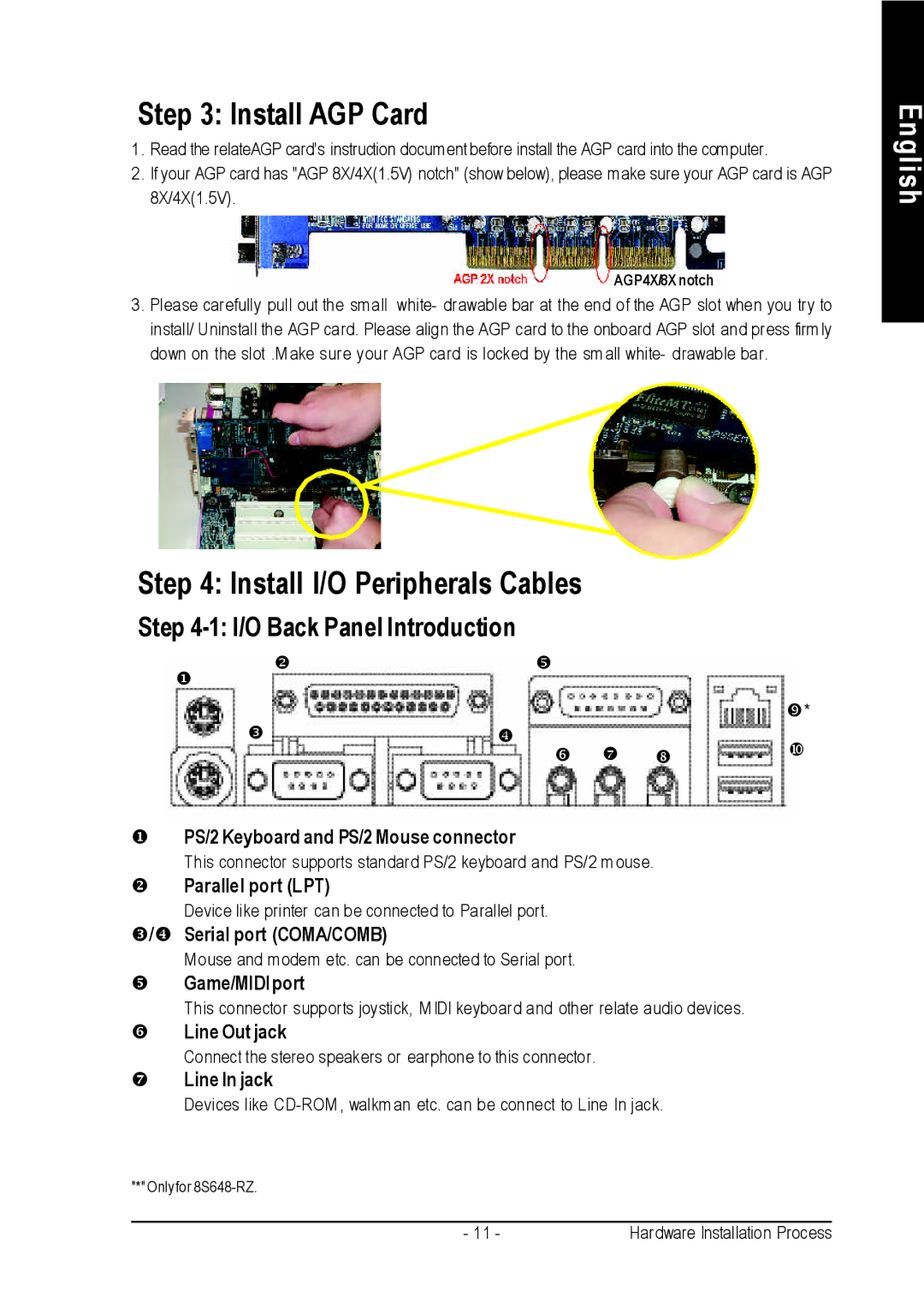 Intel 8S648-RZ-C user manual Install AGP Card, Install I/O Peripherals Cables 