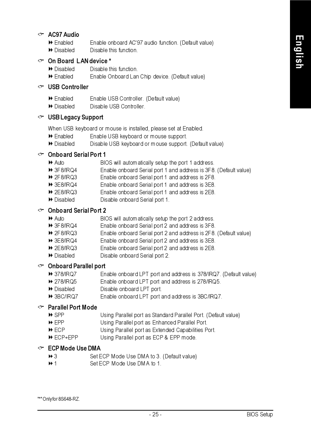 Intel 8S648-RZ AC97 Audio, On Board LAN device, USB Controller, USB Legacy Support, Onboard Serial Port, ECP Mode Use DMA 