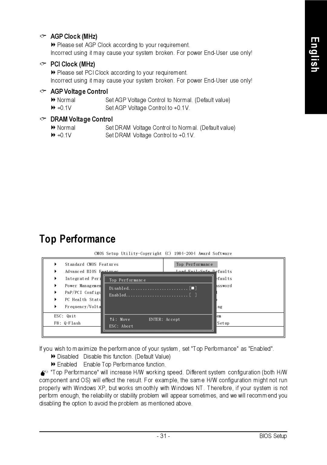 Intel 8S648-RZ-C user manual Top Performance, AGP Clock MHz, PCI Clock MHz, AGP Voltage Control, Dram Voltage Control 