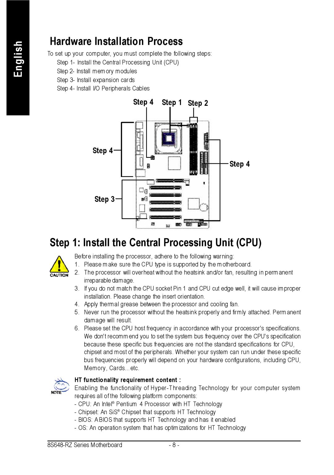 Intel 8S648-RZ-C user manual Hardware Installation Process, Install the Central Processing Unit CPU, Step 