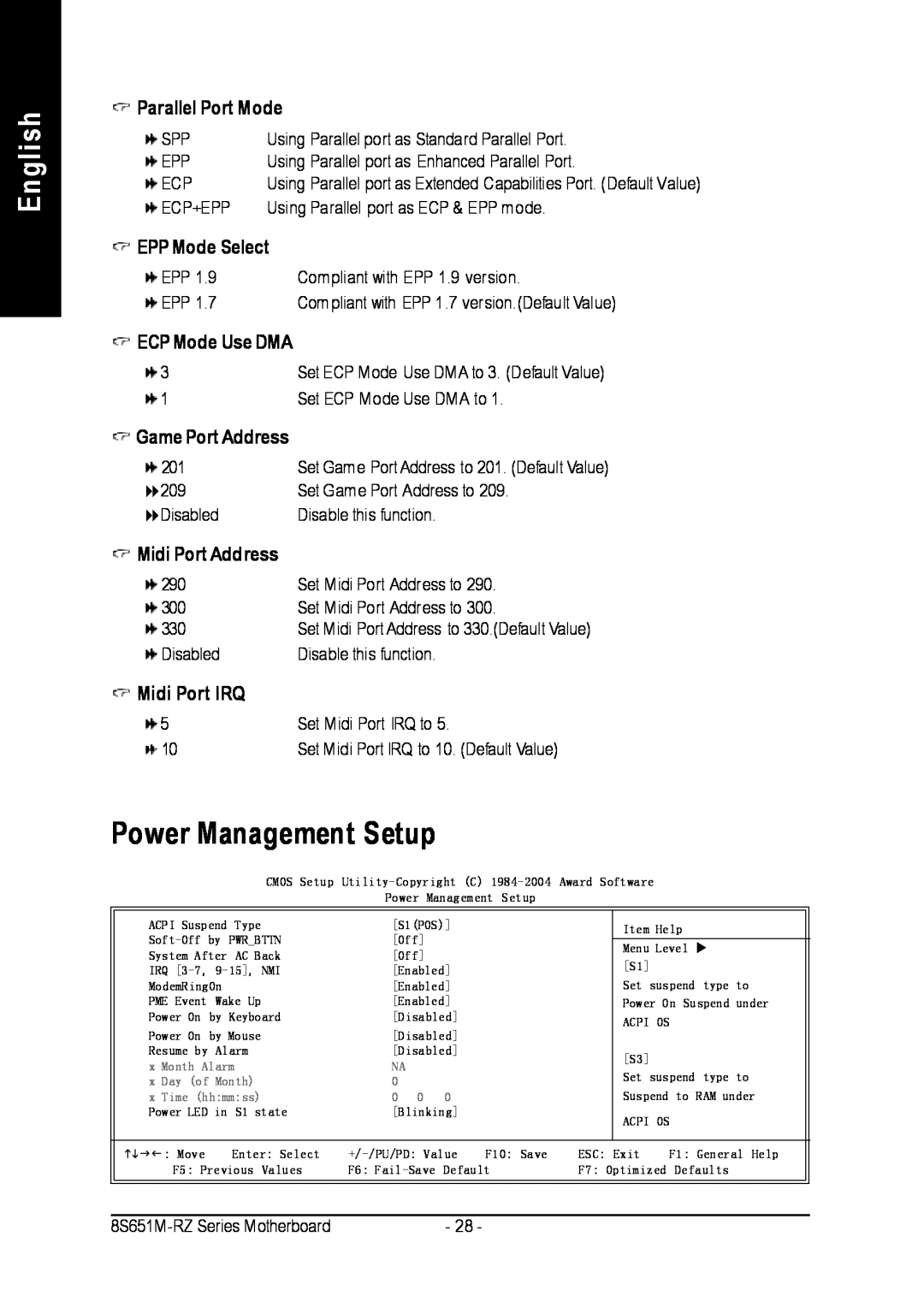 Intel 8S651M-RZ-C Power Management Setup, English, Parallel Port Mode, EPP Mode Select, ECP Mode Use DMA, Midi Port IRQ 