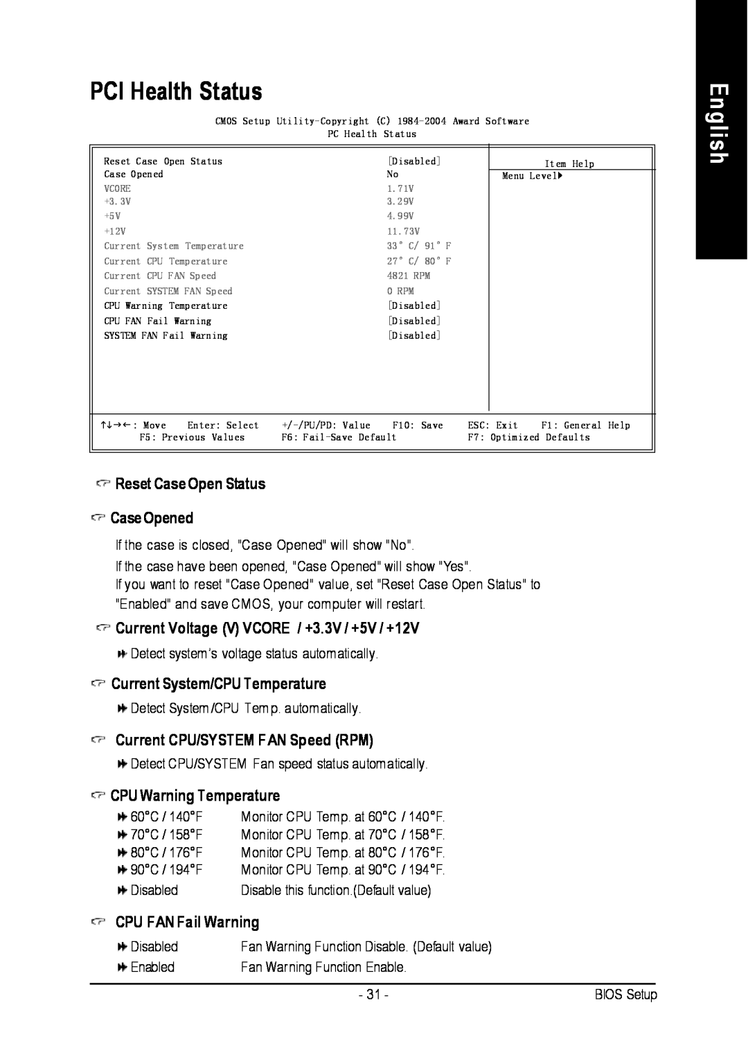 Intel 8S651M-RZ user manual PCI Health Status, English, Reset Case Open Status Case Opened, Current System/CPU Temperature 