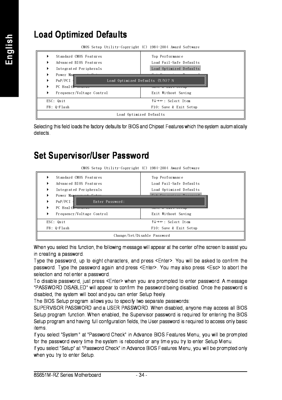 Intel 8S651M-RZ-C user manual Load Optimized Defaults, Set Supervisor/User Password, English, ConfigurationsEnter Password 