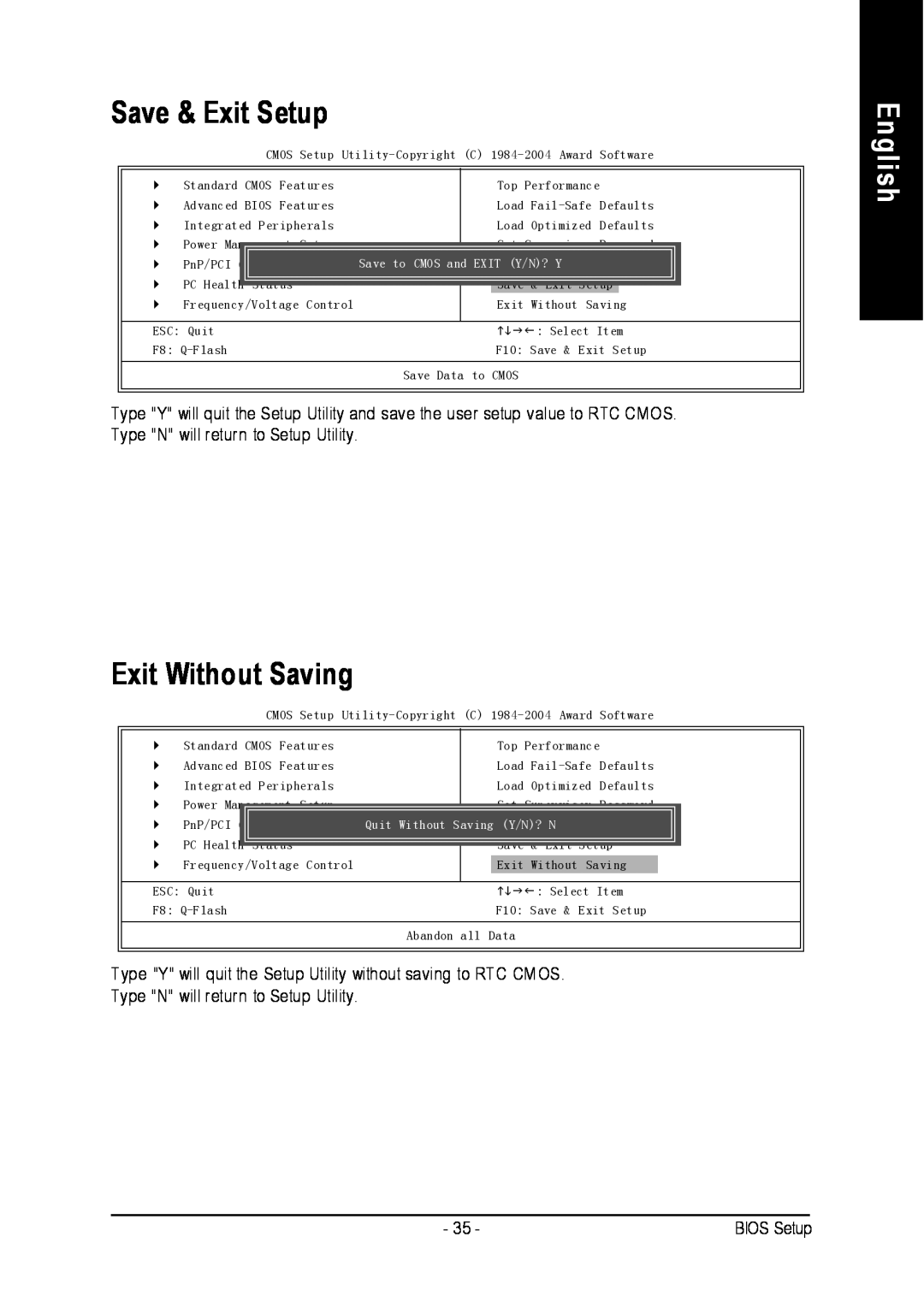 Intel 8S651M-RZ-C user manual Save & Exit Setup, Exit Without Saving, English, Save to CMOS and 