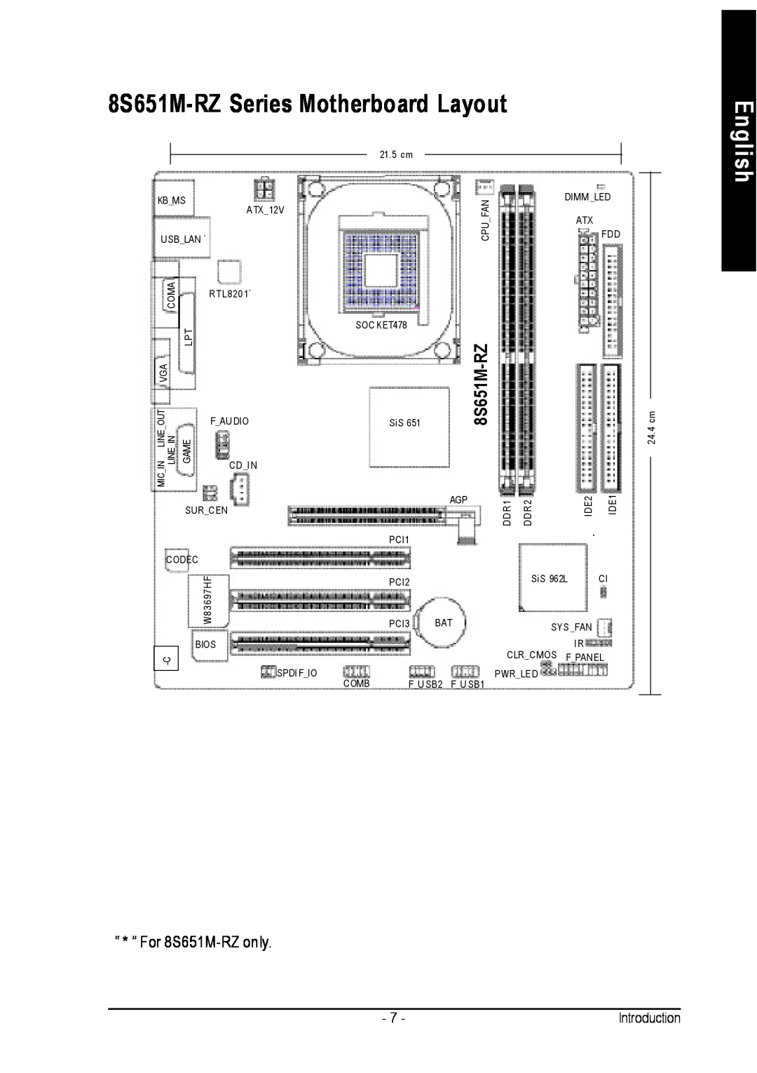 Intel 8S651M-RZ-C user manual 8S651M-RZ Series Motherboard Layout, English 
