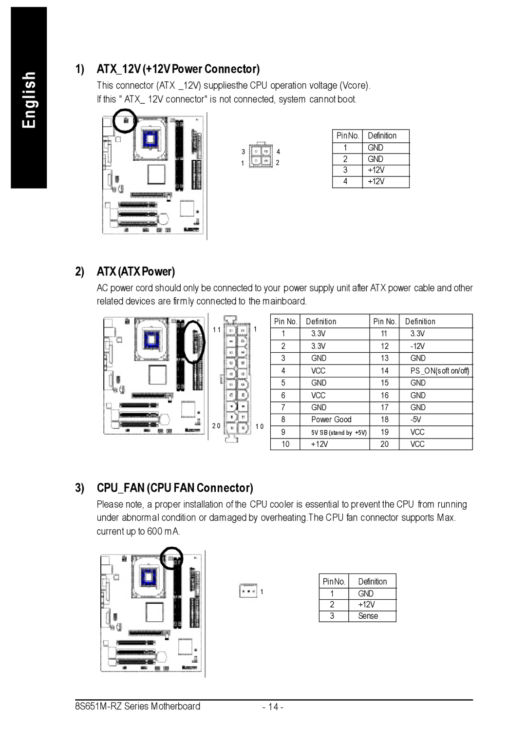 Intel 8S651M-RZ-C user manual ATX12V +12V Power Connector, ATX ATX Power, Cpufan CPU FAN Connector 